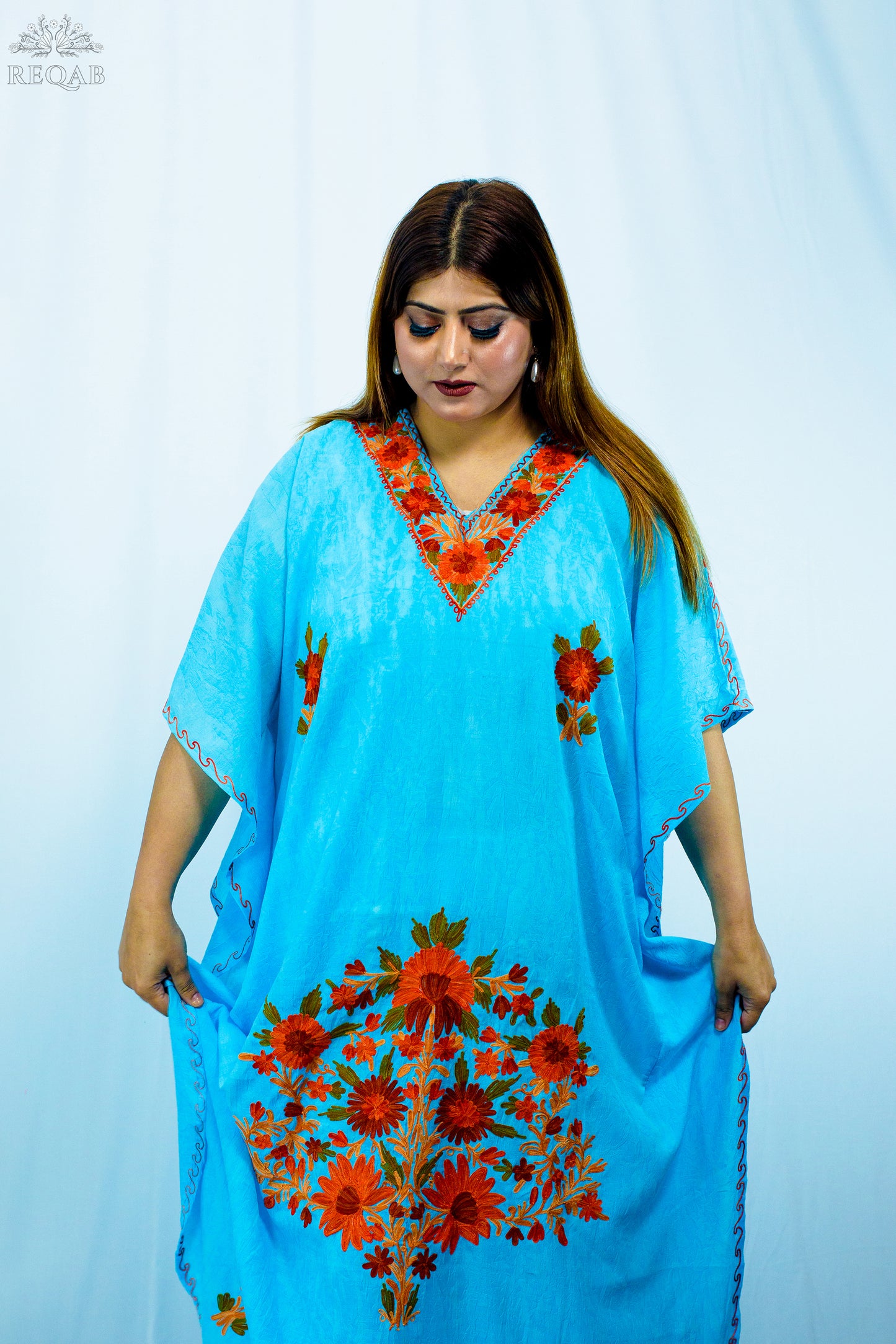Seagull Blue Long Kaftan with Aari Embroidery