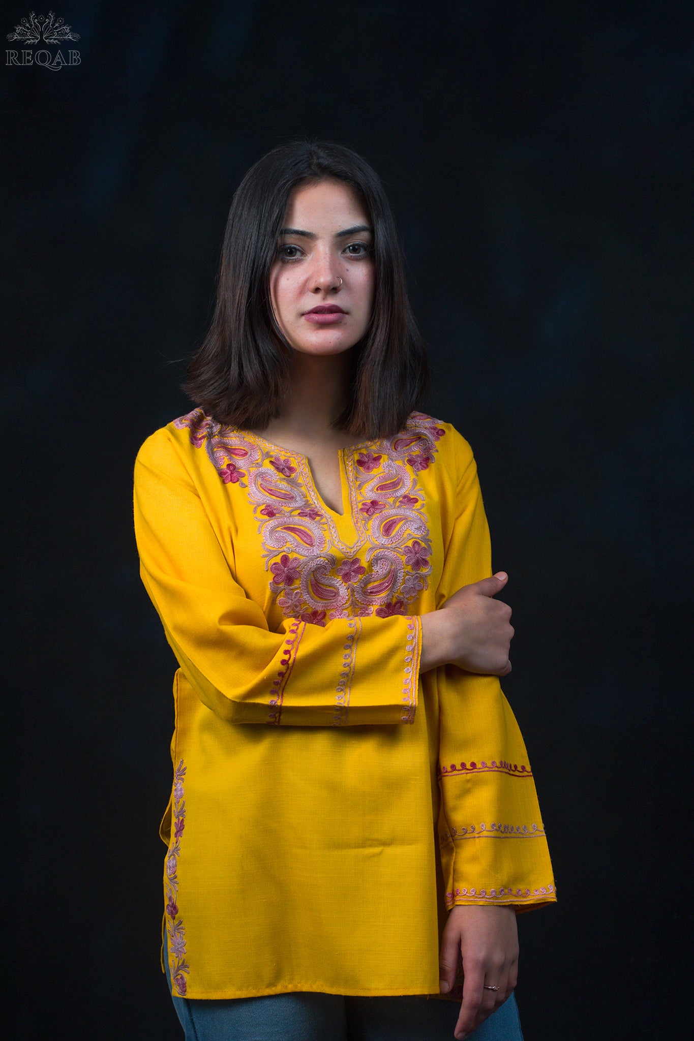 Dark Tangerine Ruby Cotton Top with Aari Embroidery