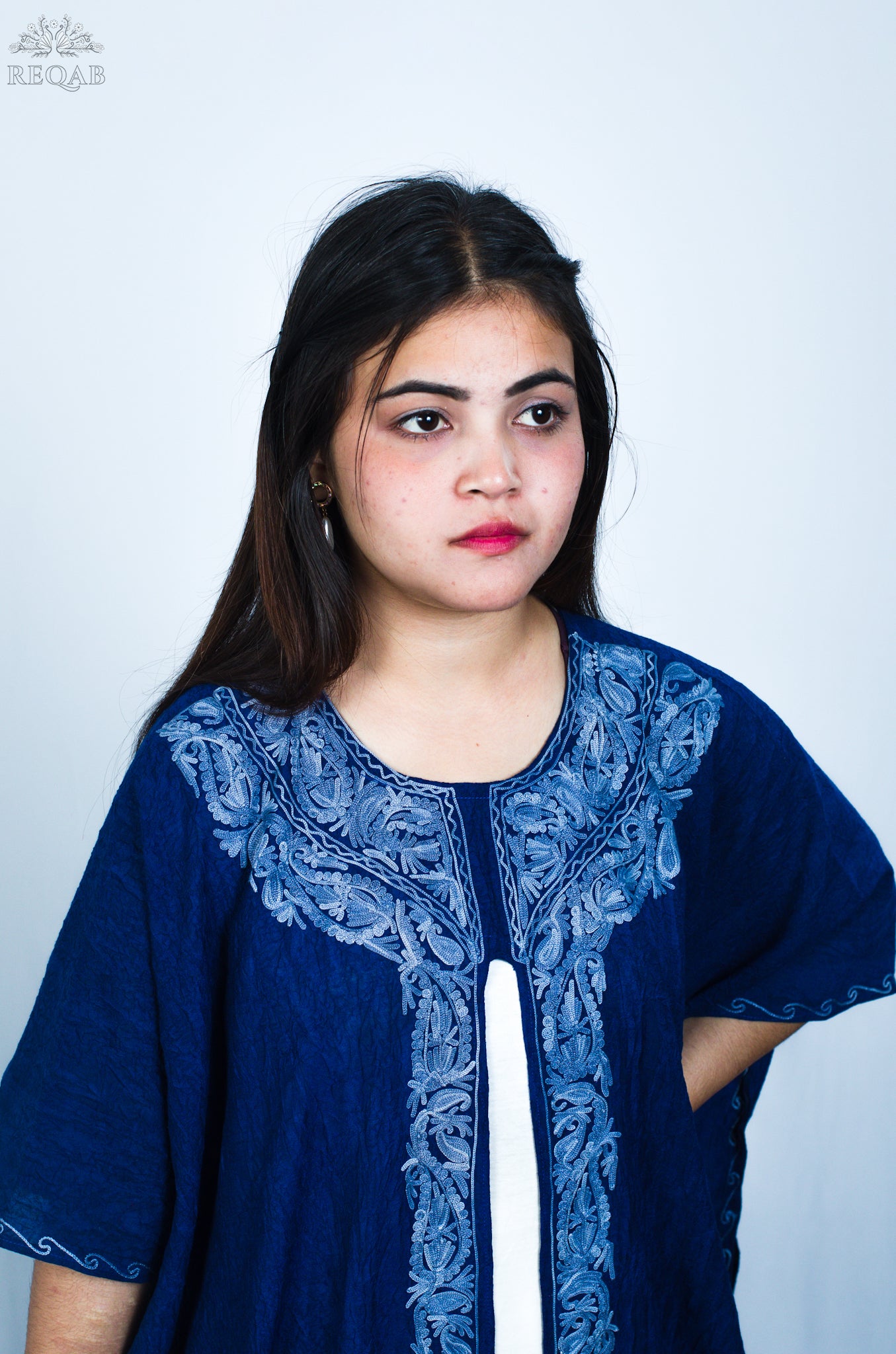 Lucky Point Blue Medium Open Kaftan with Aari Embroidery