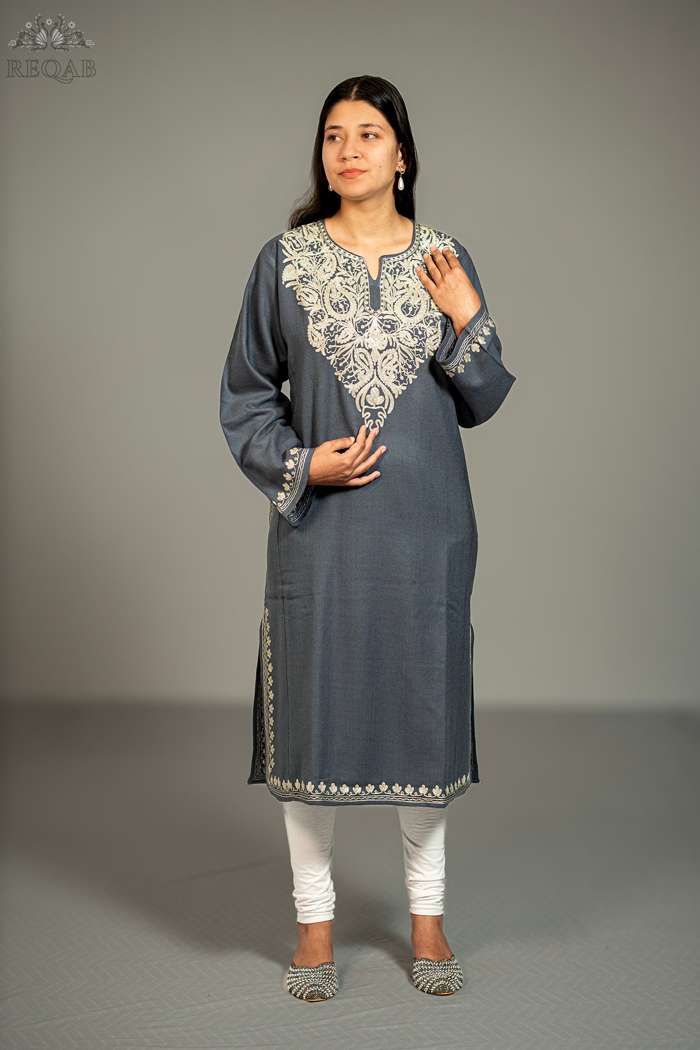 Shuttle Grey Pheran with Zari Embroidery