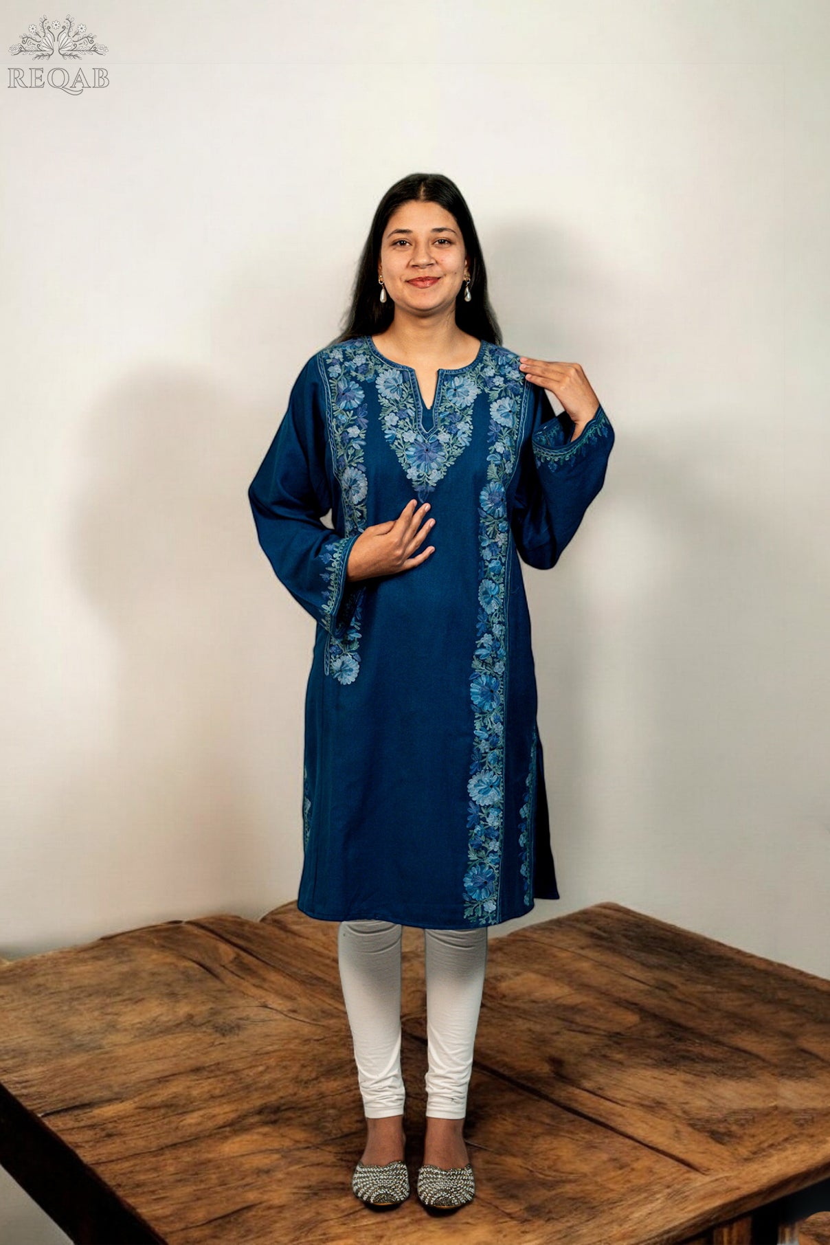 Blue Stone Pheran with Aari Embroidery