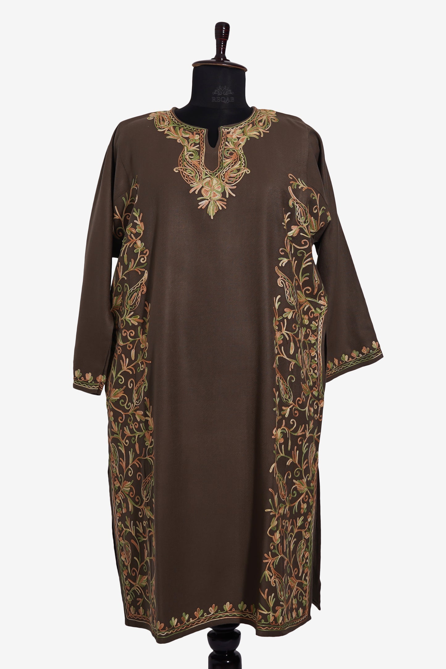 Rustic Oak Pheran with Aari Embroidery
