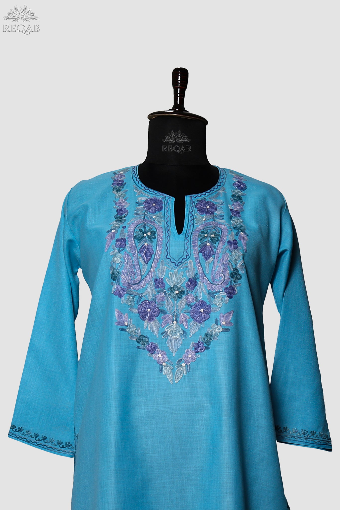 Viking Blue Ruby Cotton Kurti with Aari Embroidery