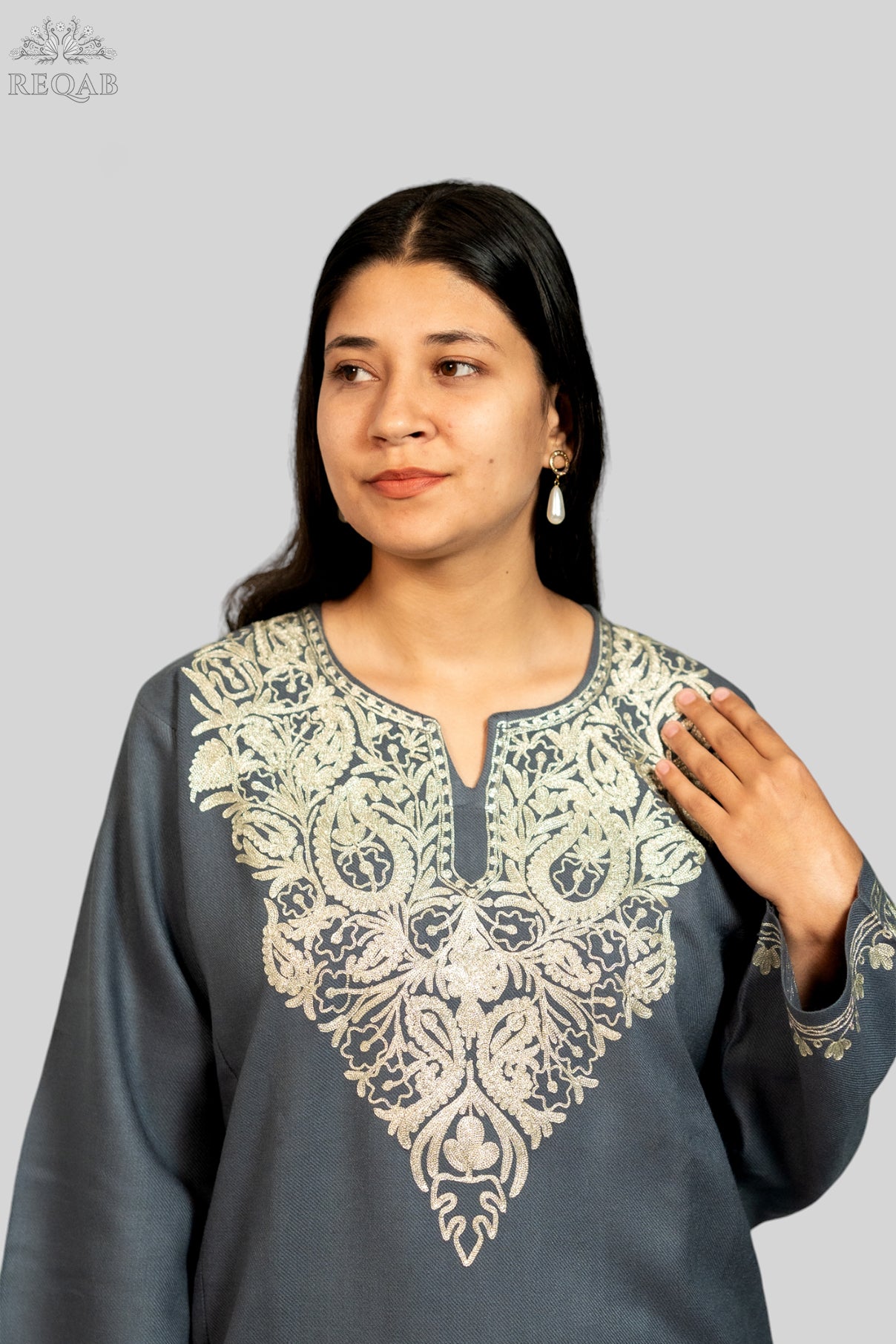 Shuttle Grey Pheran with Zari Embroidery