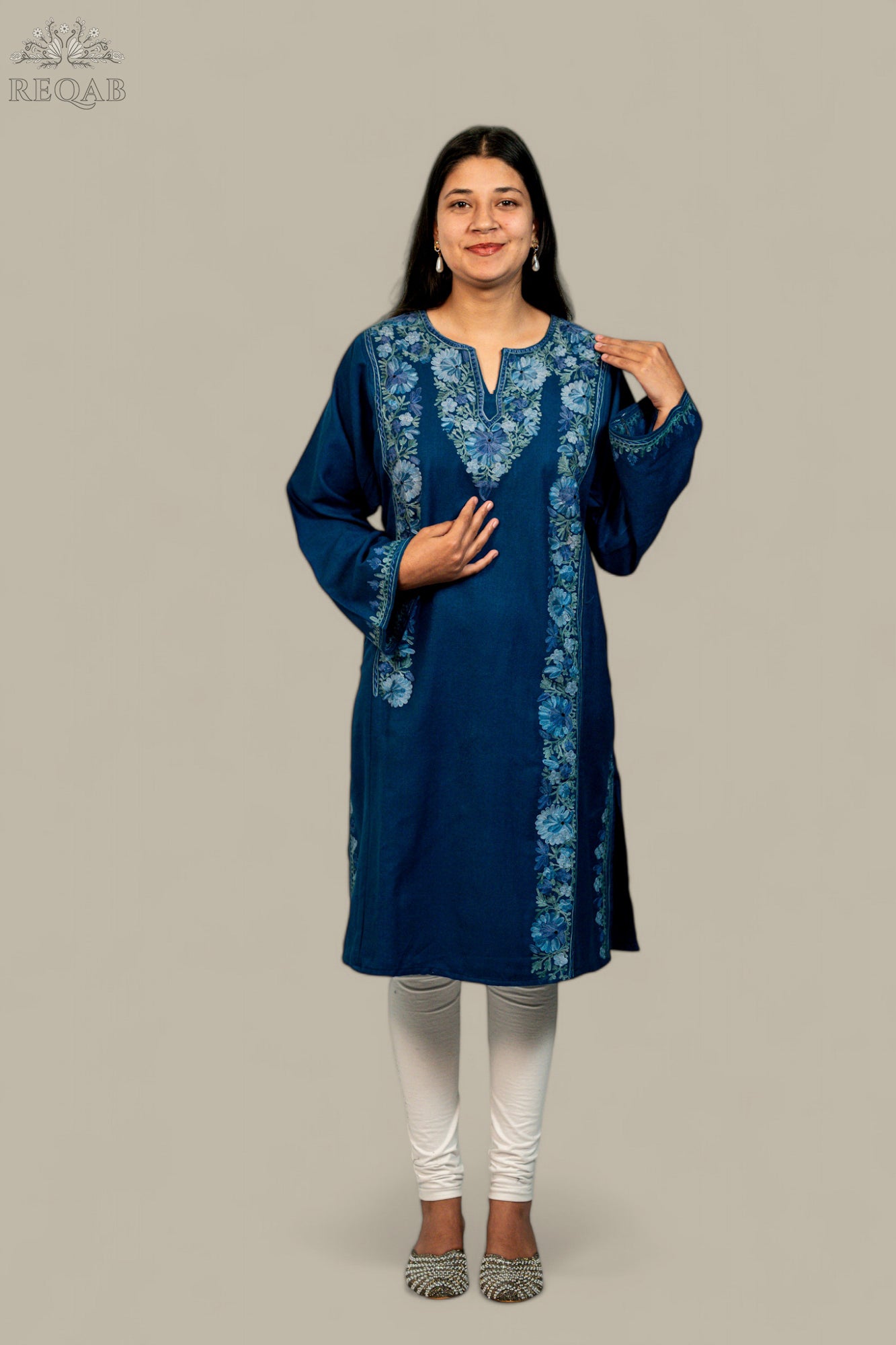Blue Stone Pheran with Aari Embroidery