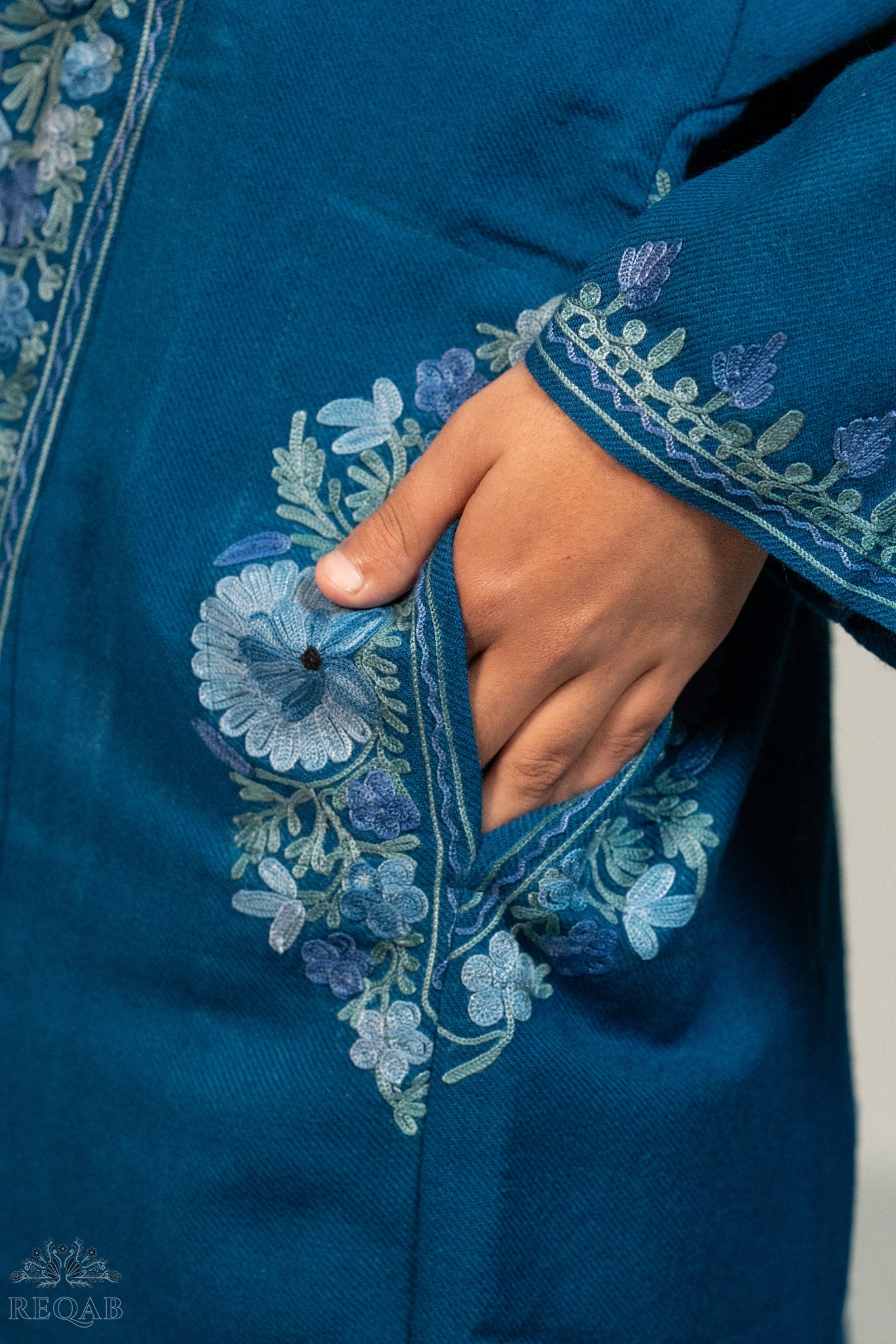 Blue Stone Pheran with Aari Embroidery