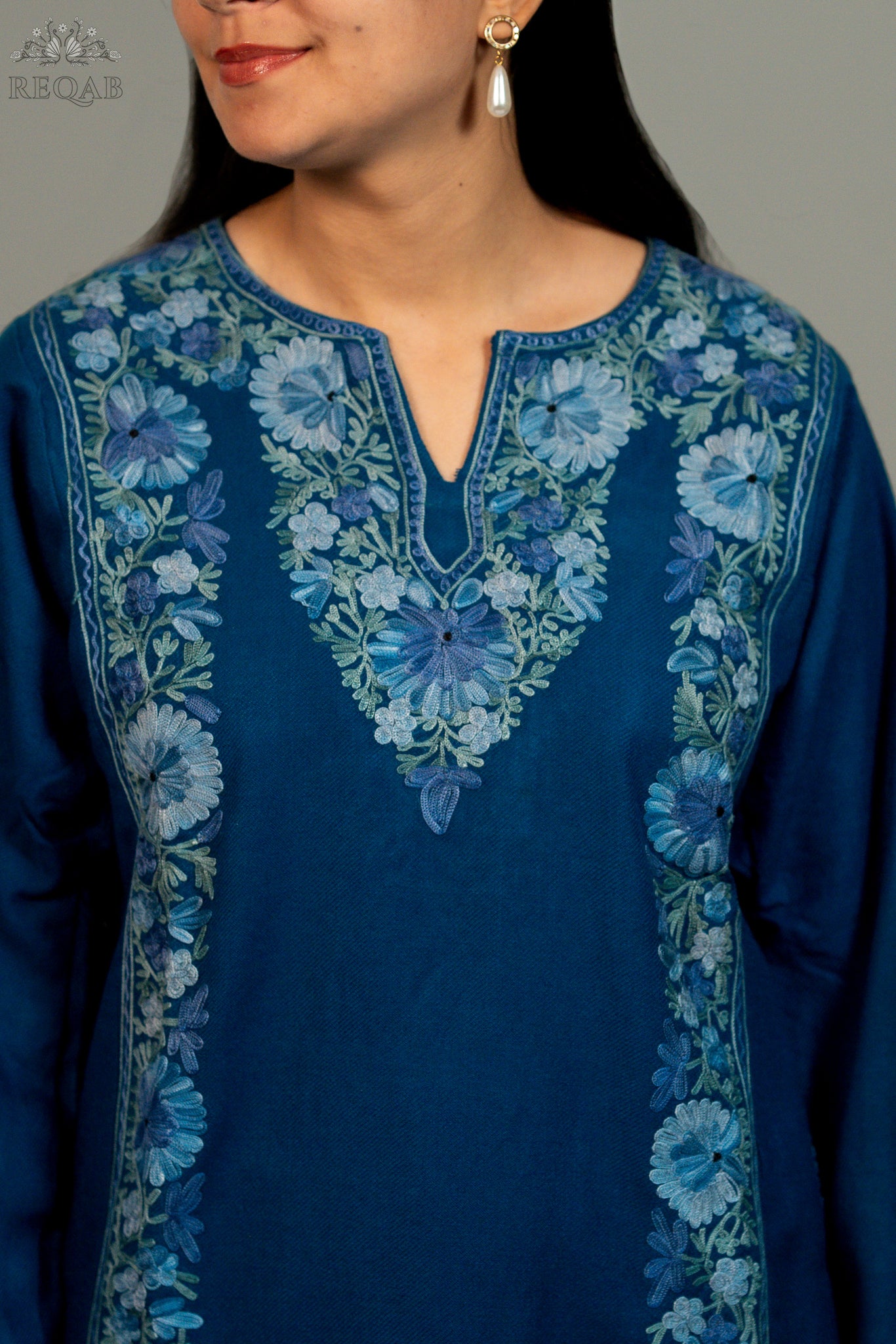 Blue Stone Pheran with Aari Embroidery