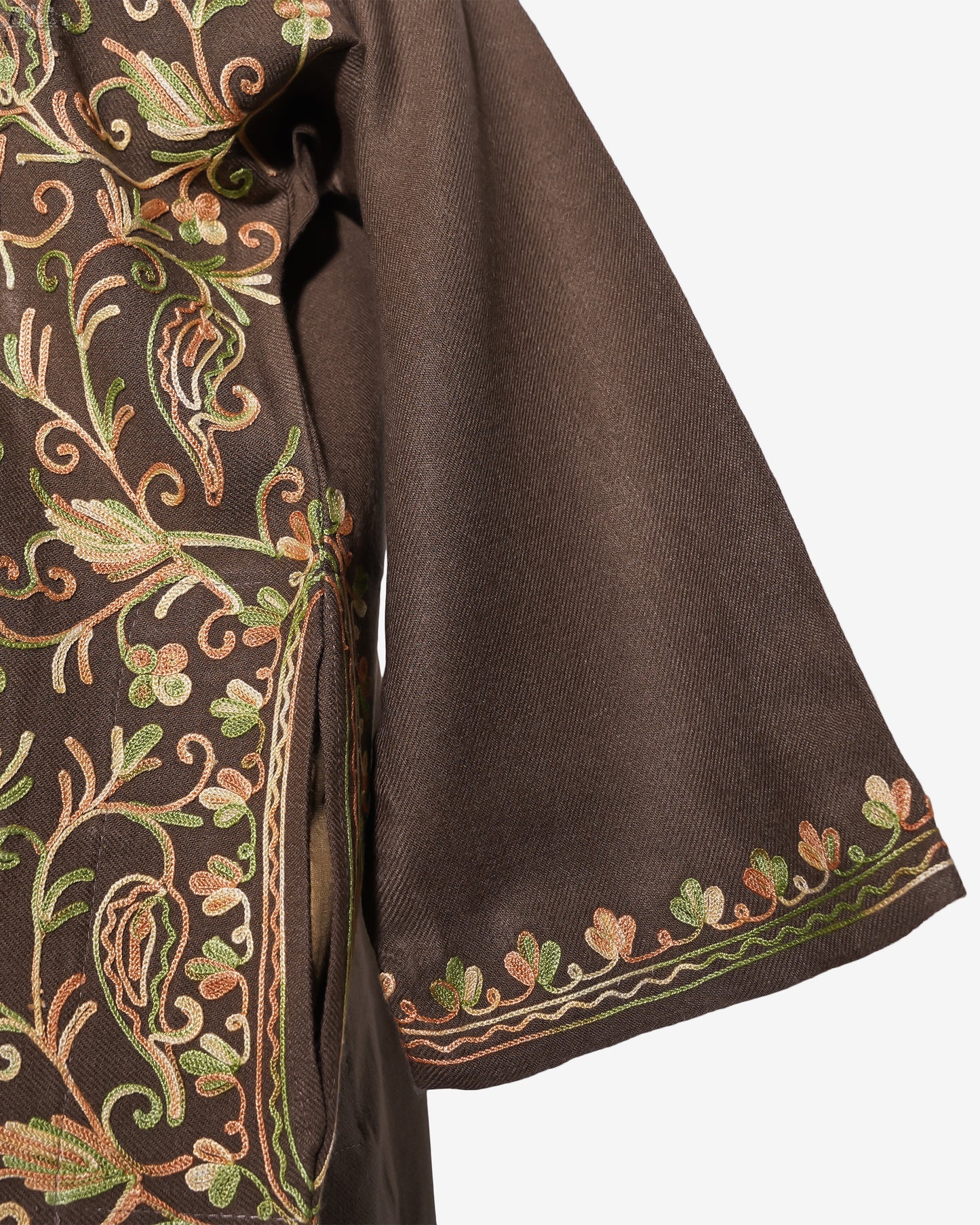 Rustic Oak Pheran with Aari Embroidery
