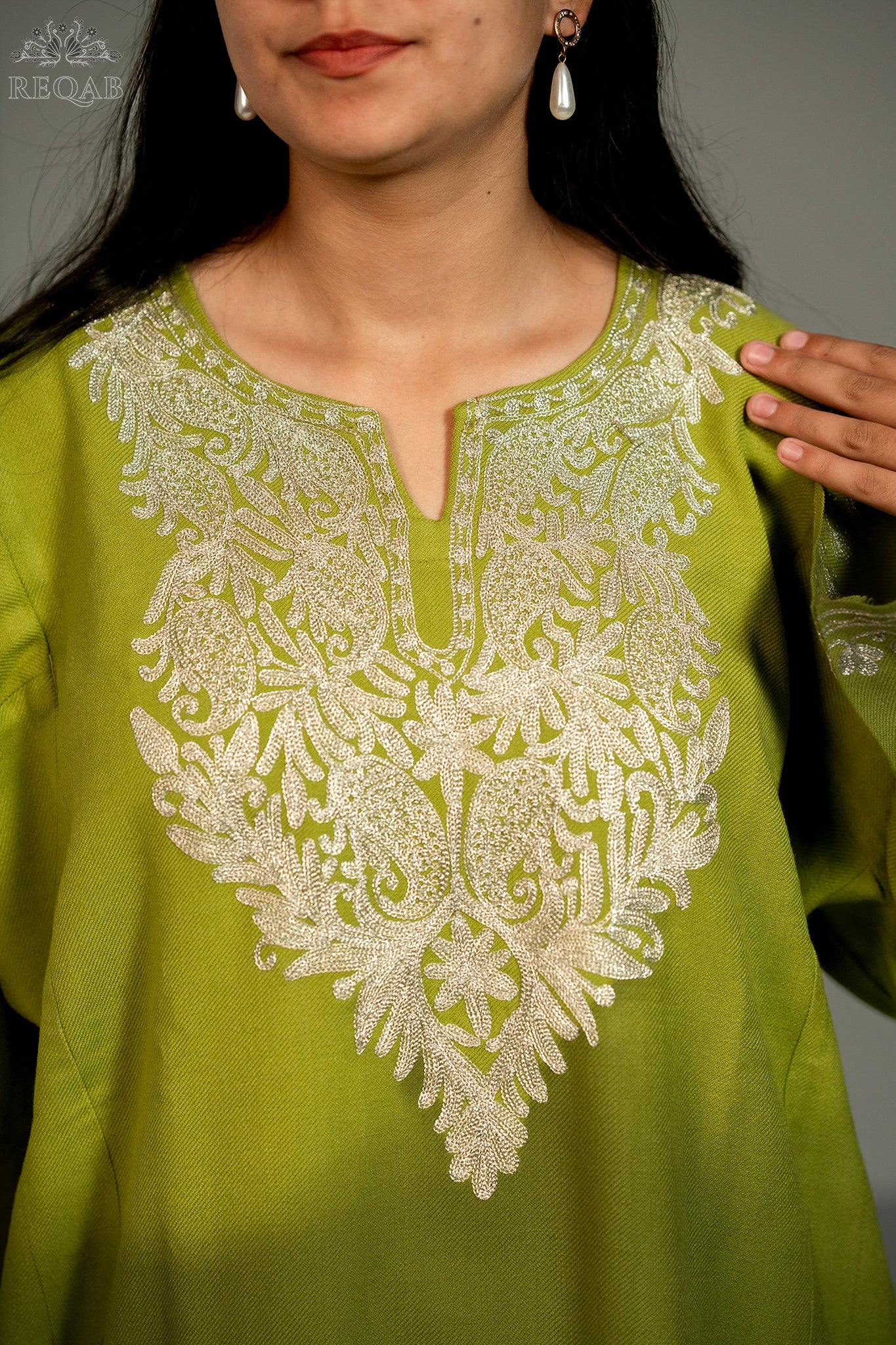 Brass Green Pheran with Zari Embroidery