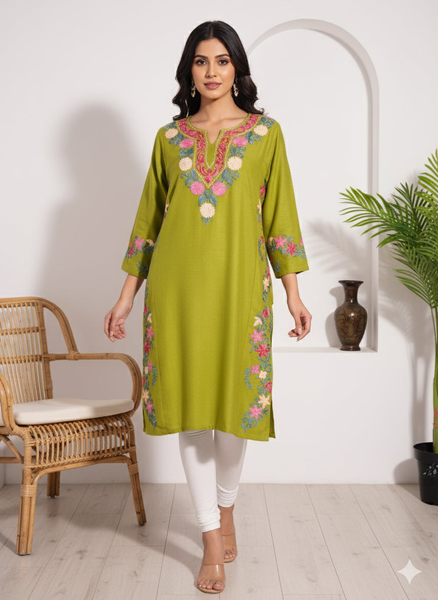 Old Gold Pheran with Aari Embroidery