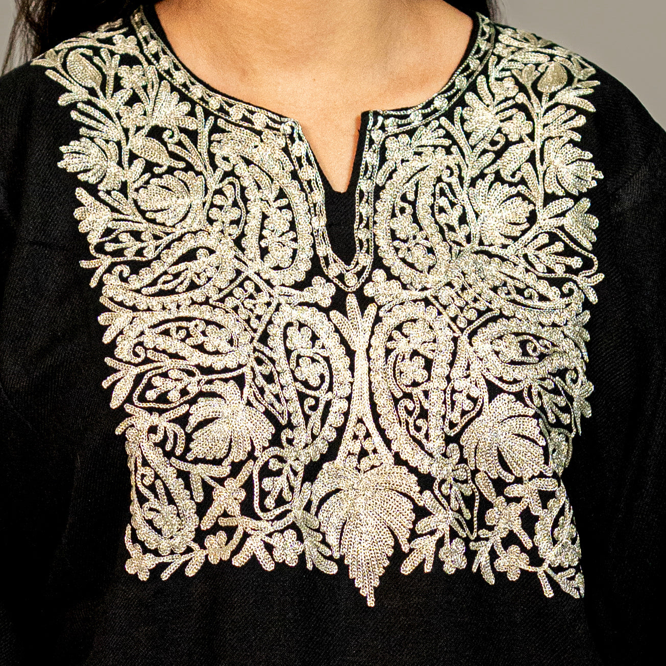 Black Russian Pheran with Zari Embroidery