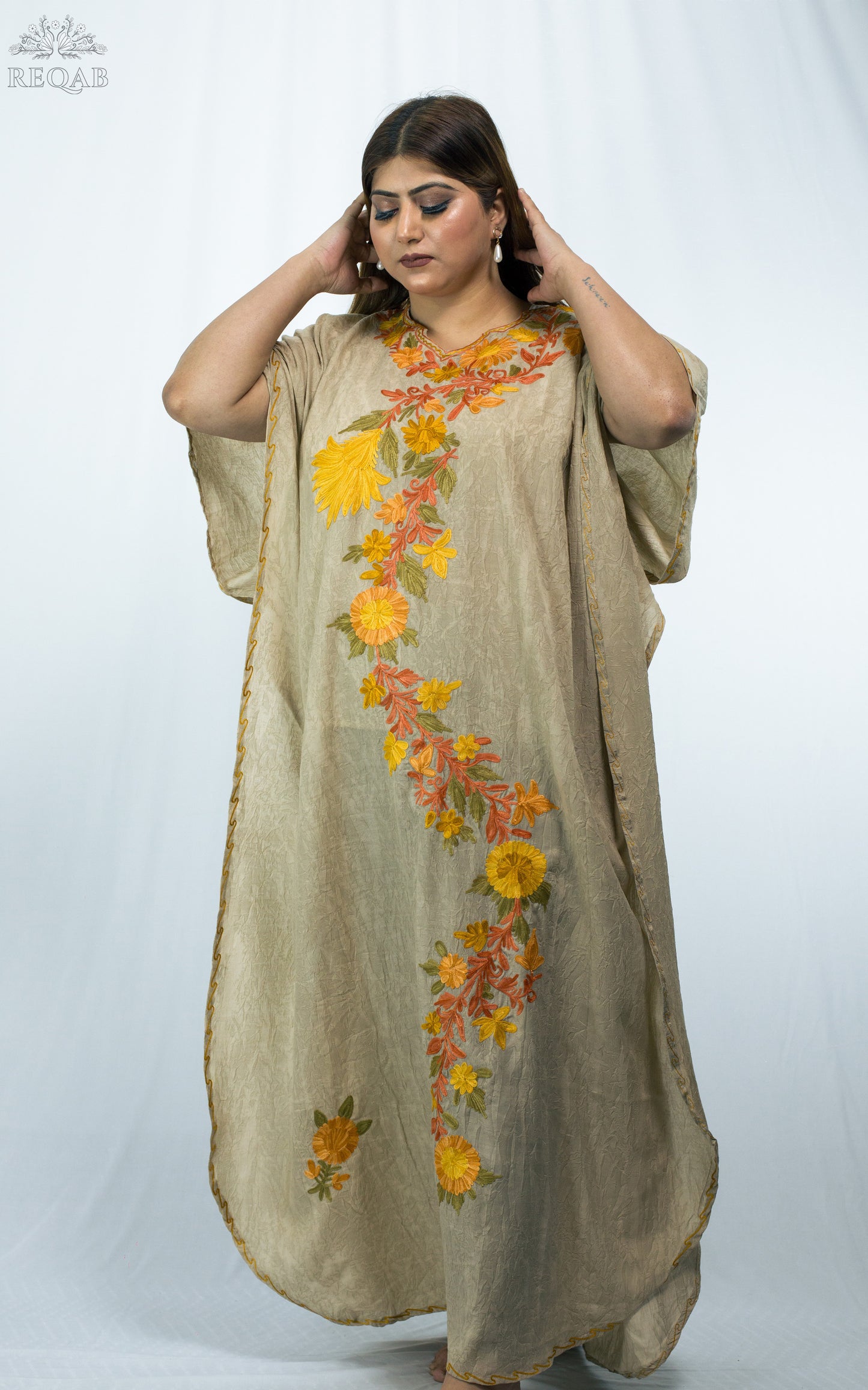 Chino Brown Long Kaftan with Aari Embroidery