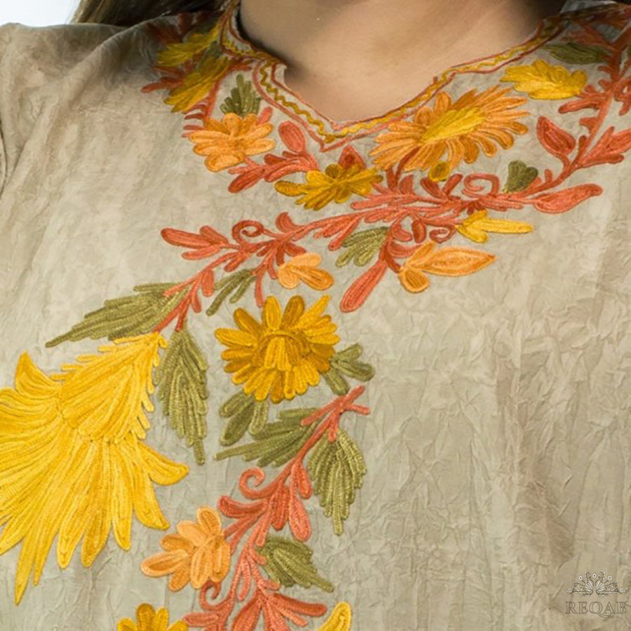 Chino Brown Long Kaftan with Aari Embroidery