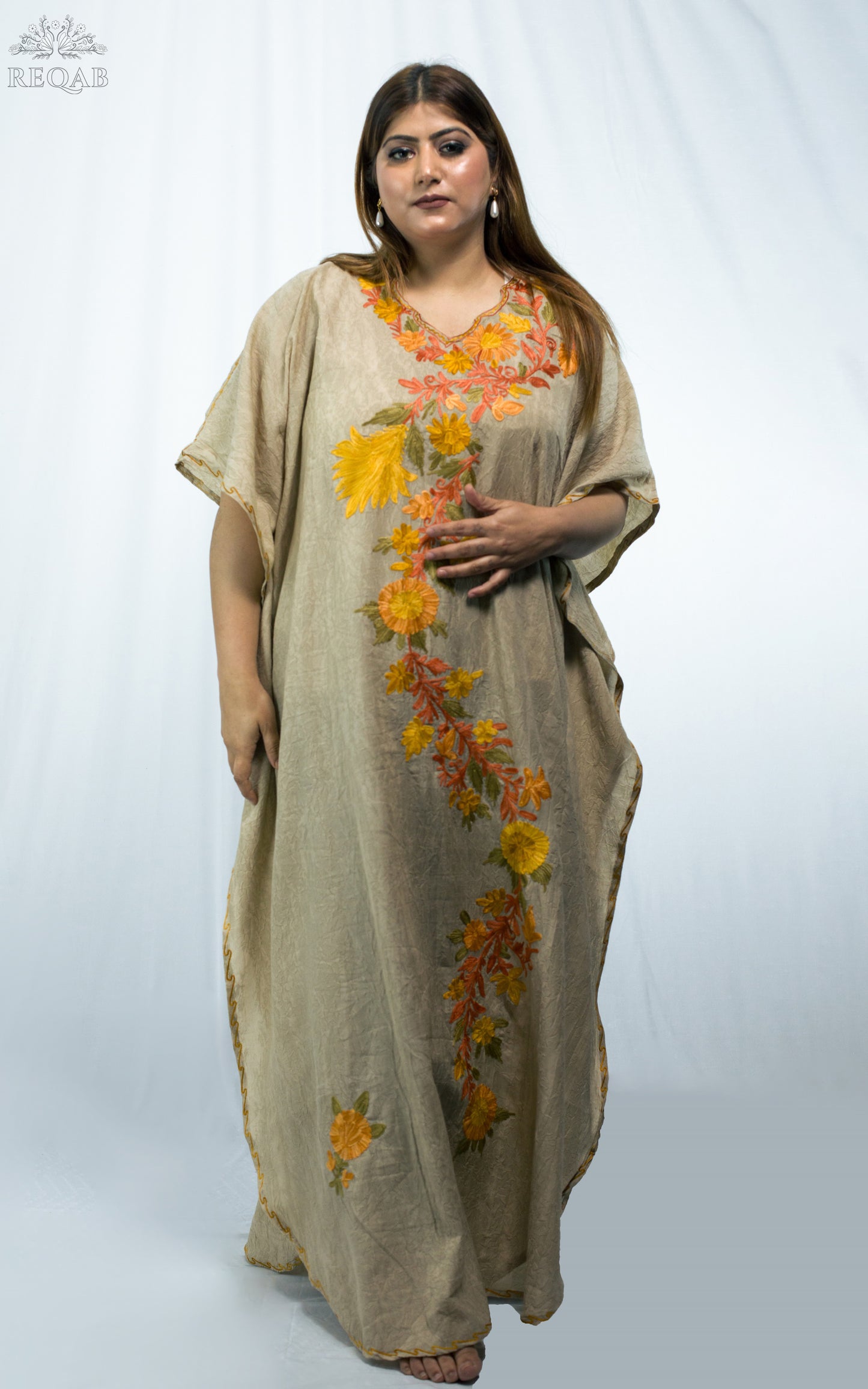 Chino Brown Long Kaftan with Aari Embroidery