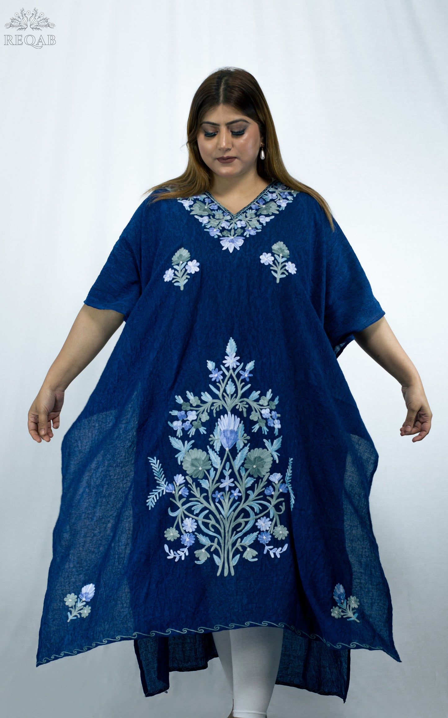 Catalina Blue Long Kaftan with Aari Embroidery