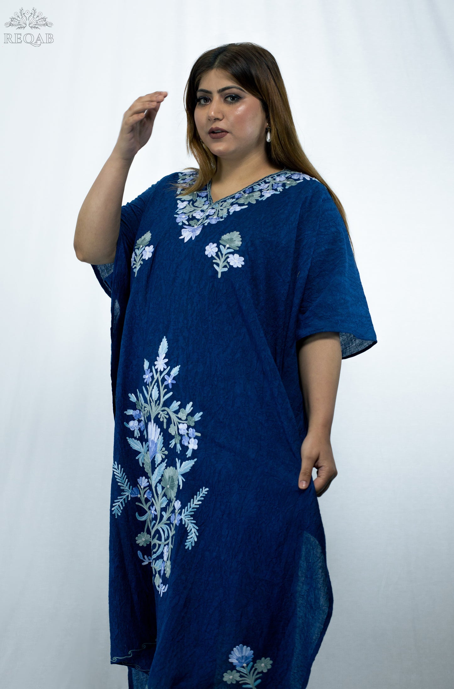Catalina Blue Long Kaftan with Aari Embroidery