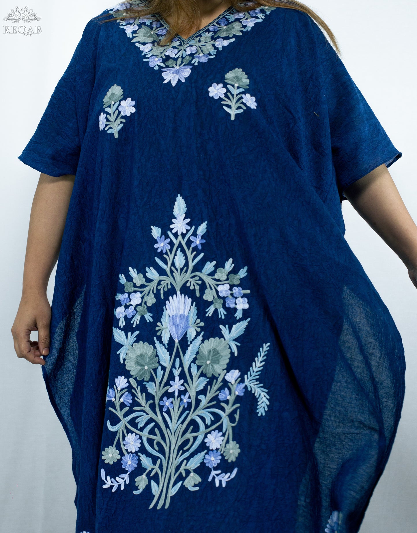 Catalina Blue Long Kaftan with Aari Embroidery