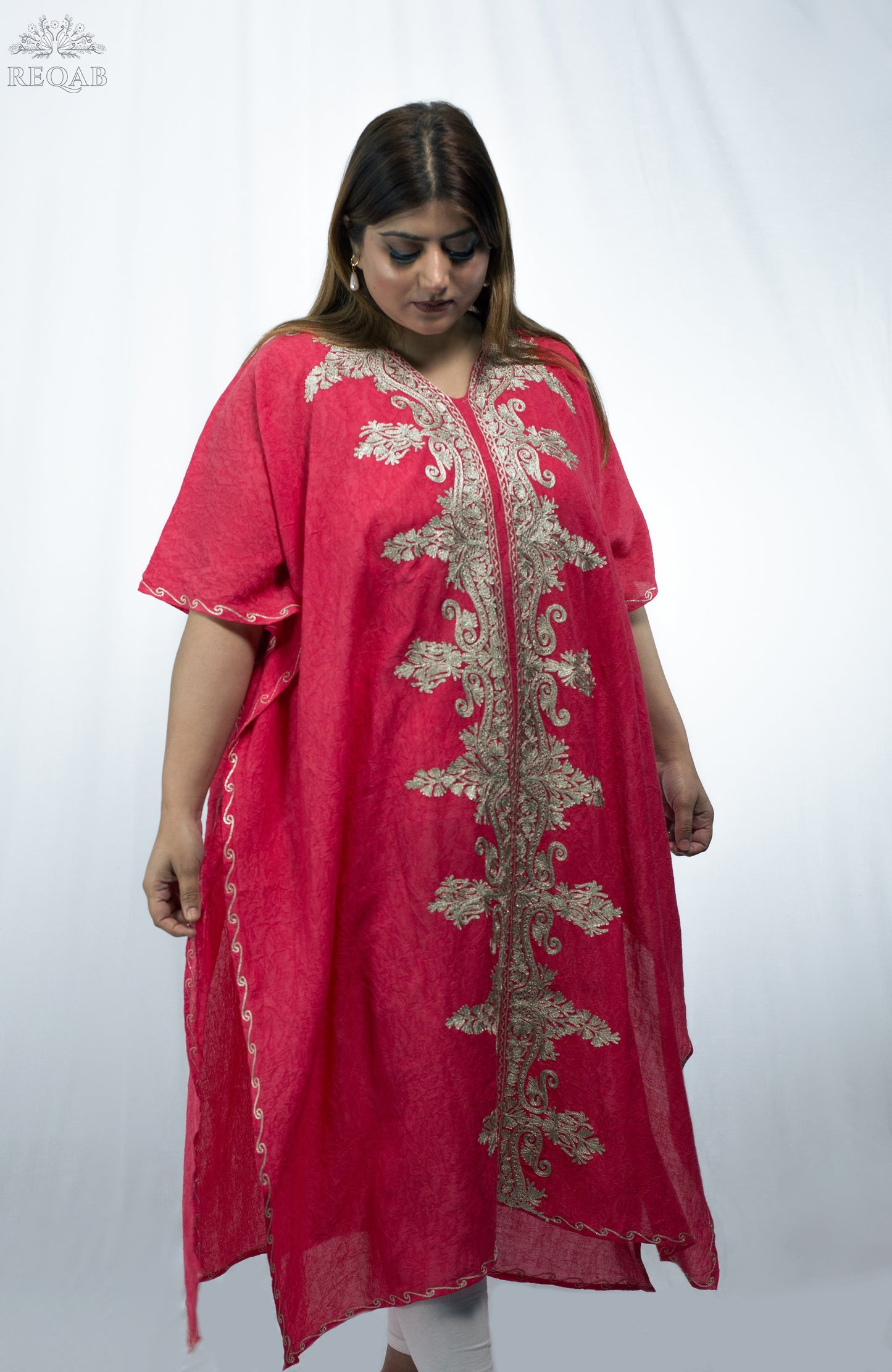 Brick Red Long Kaftan with Zari Embroidery
