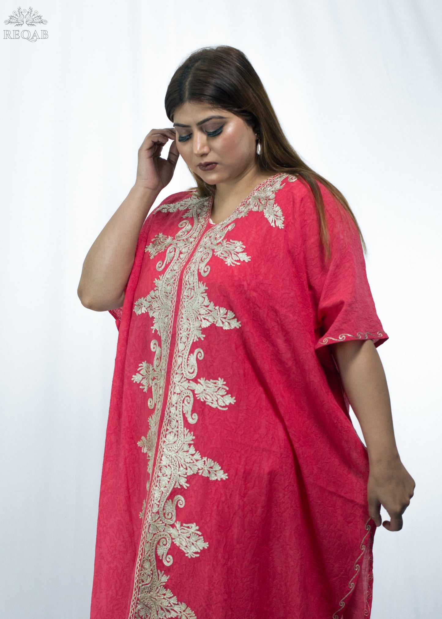 Brick Red Long Kaftan with Zari Embroidery