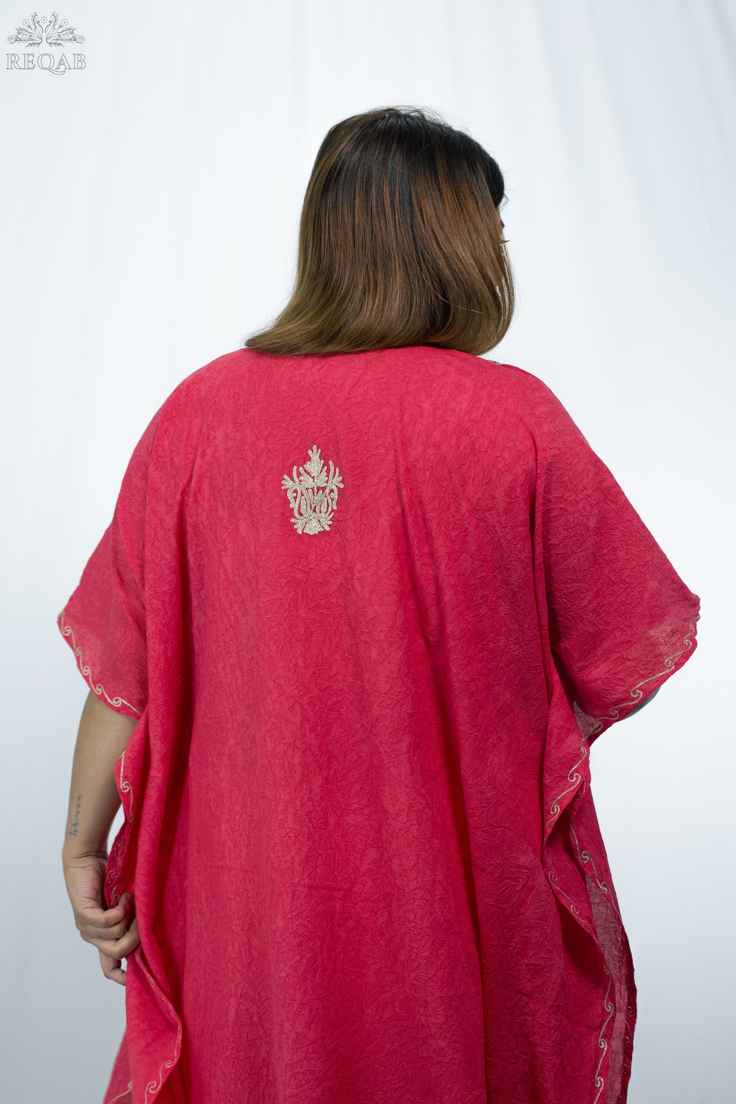 Brick Red Long Kaftan with Zari Embroidery