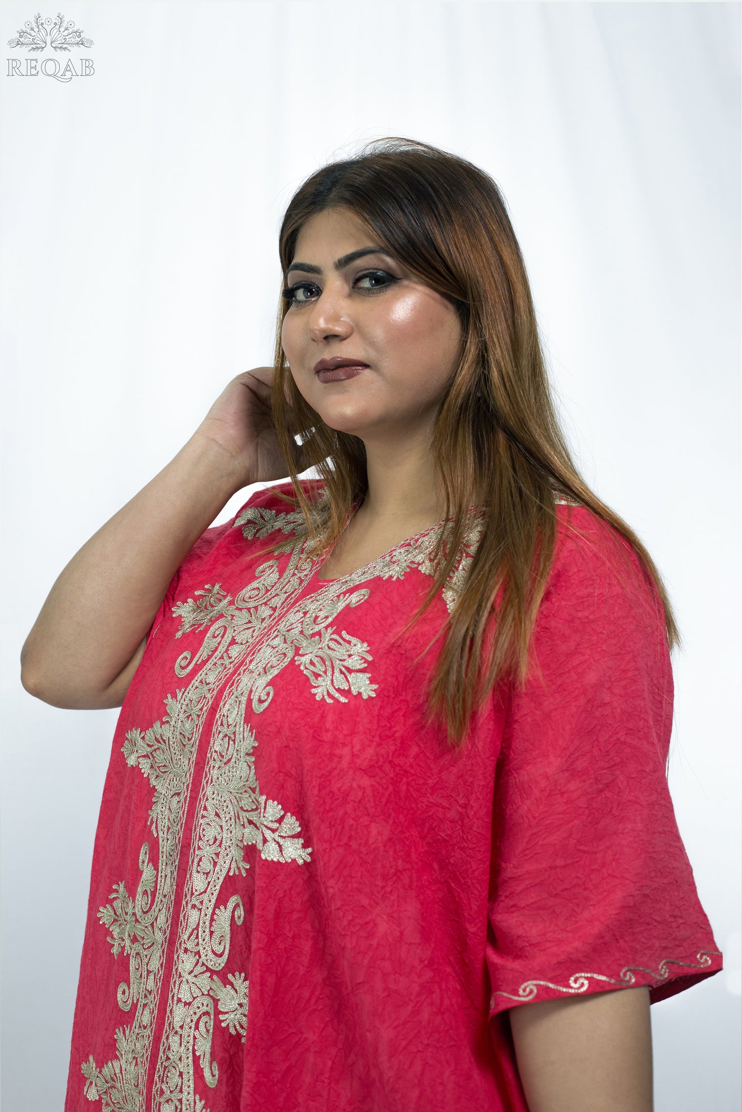 Brick Red Long Kaftan with Zari Embroidery