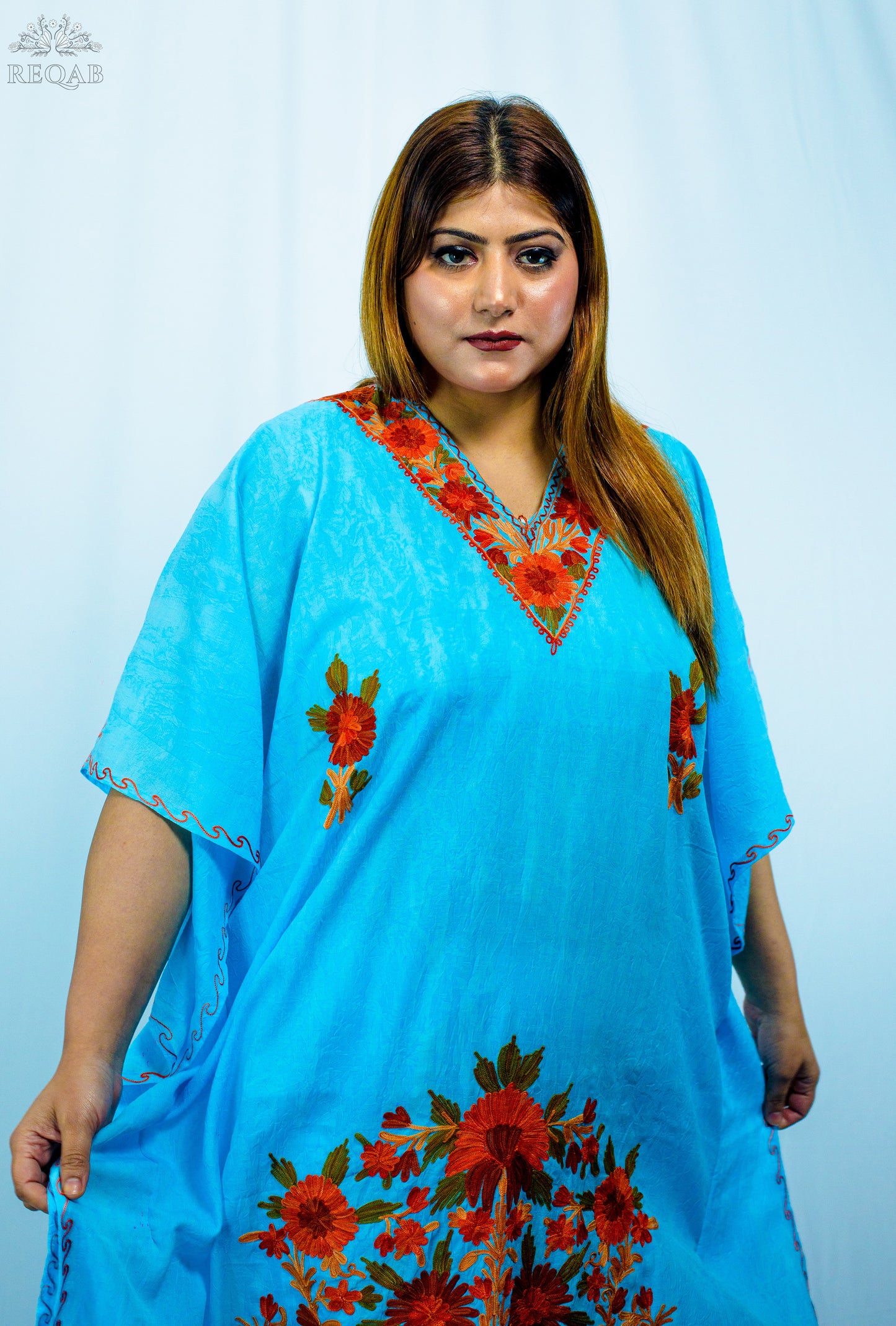 Seagull Blue Long Kaftan with Aari Embroidery