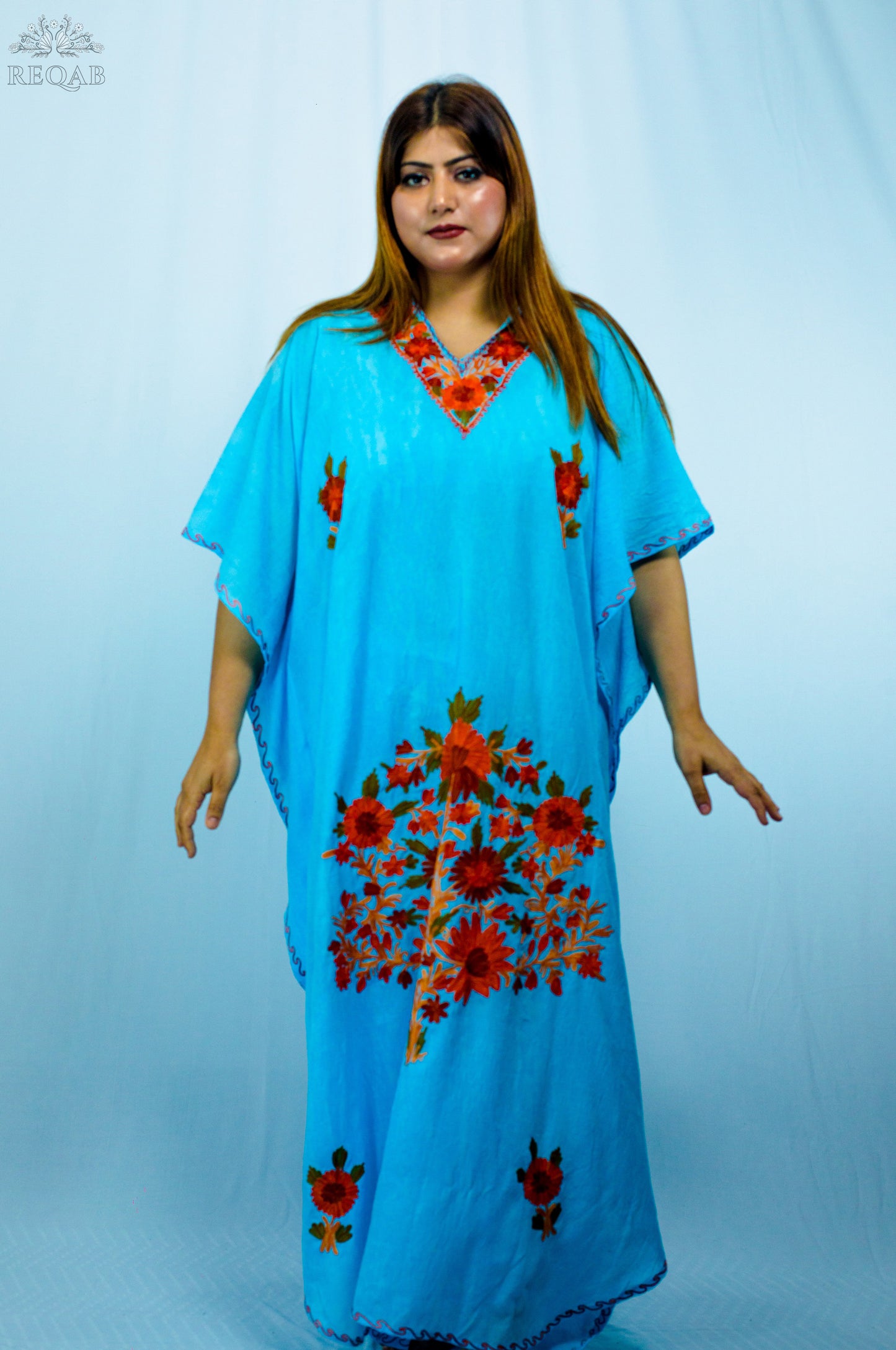 Seagull Blue Long Kaftan with Aari Embroidery