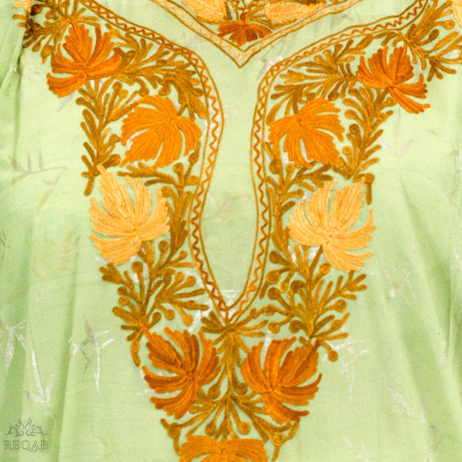 Olivine Green Long Kaftan with Aari Embroidery