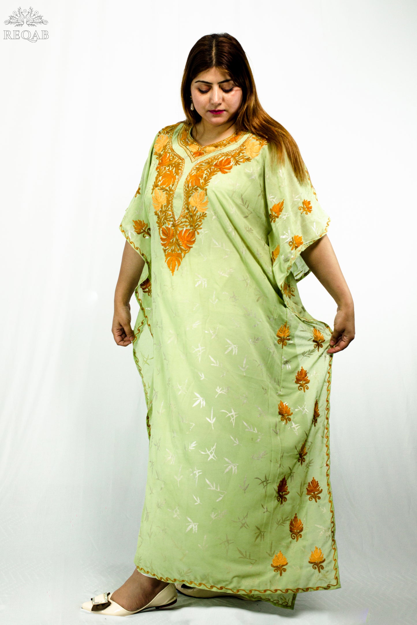 Olivine Green Long Kaftan with Aari Embroidery