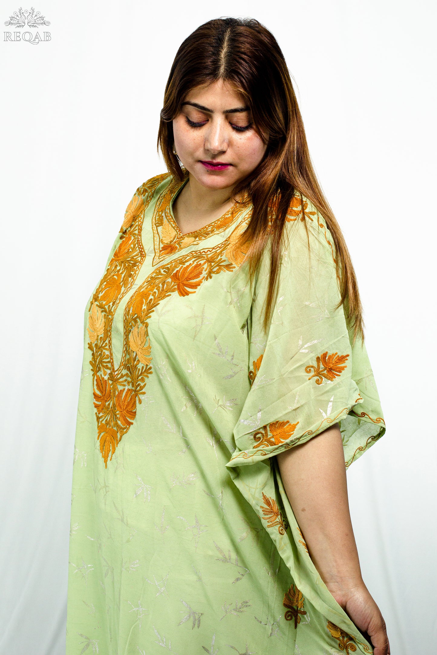 Olivine Green Long Kaftan with Aari Embroidery