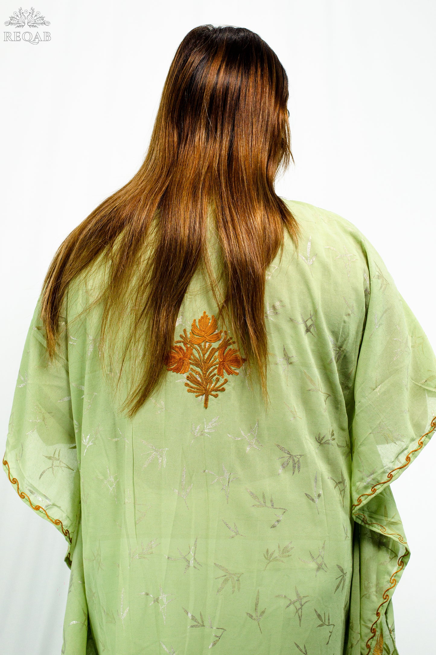 Olivine Green Long Kaftan with Aari Embroidery
