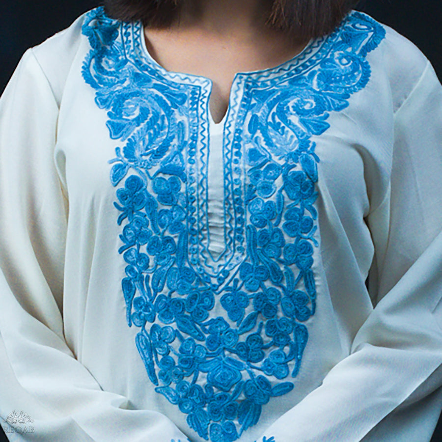 White Pointer Summer Cool Top with Blue Aari Embroidery