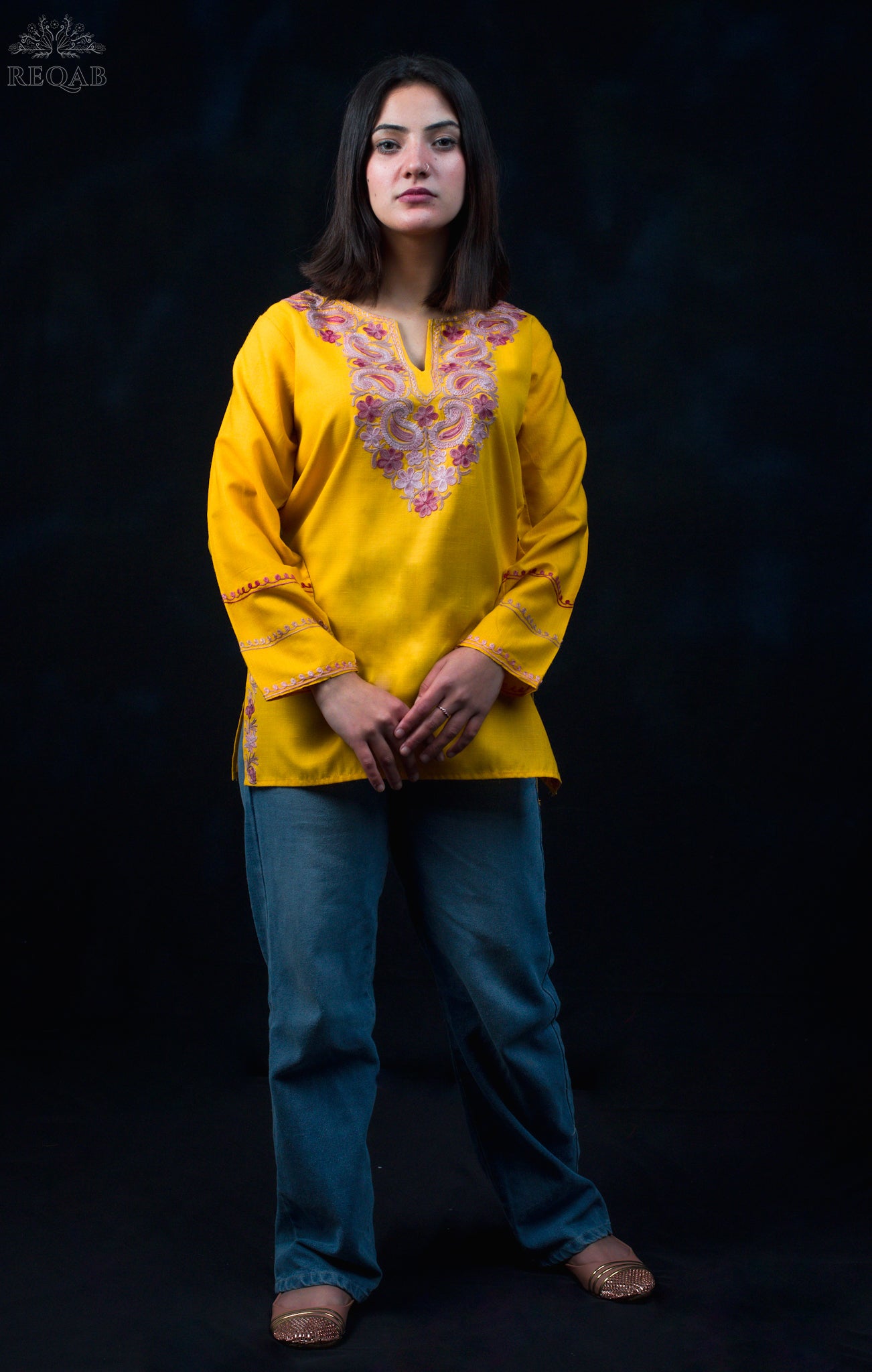 Dark Tangerine Ruby Cotton Top with Aari Embroidery