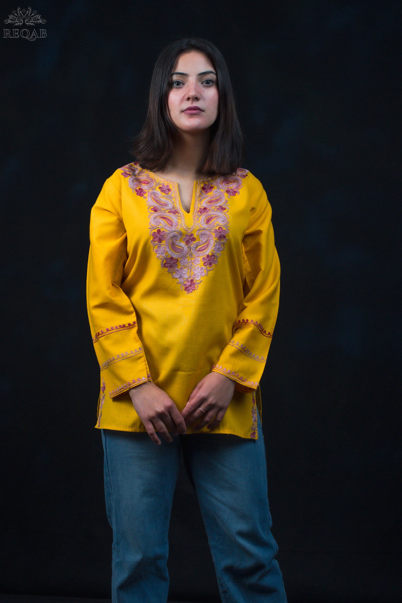 Dark Tangerine Ruby Cotton Top with Aari Embroidery