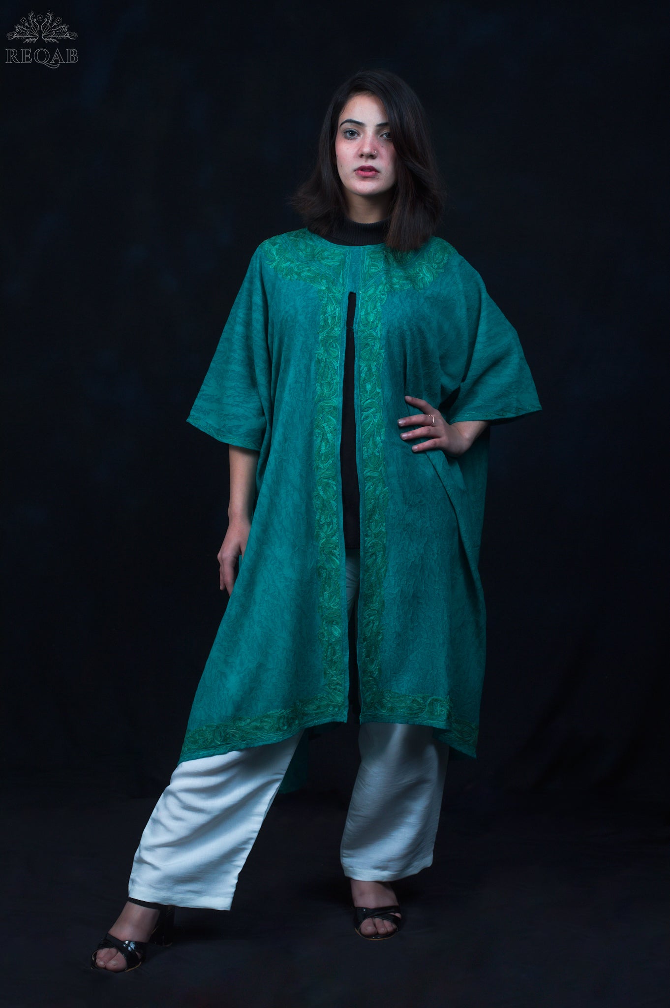 Elf Green Medium Open Kaftan with Aari Embroidery