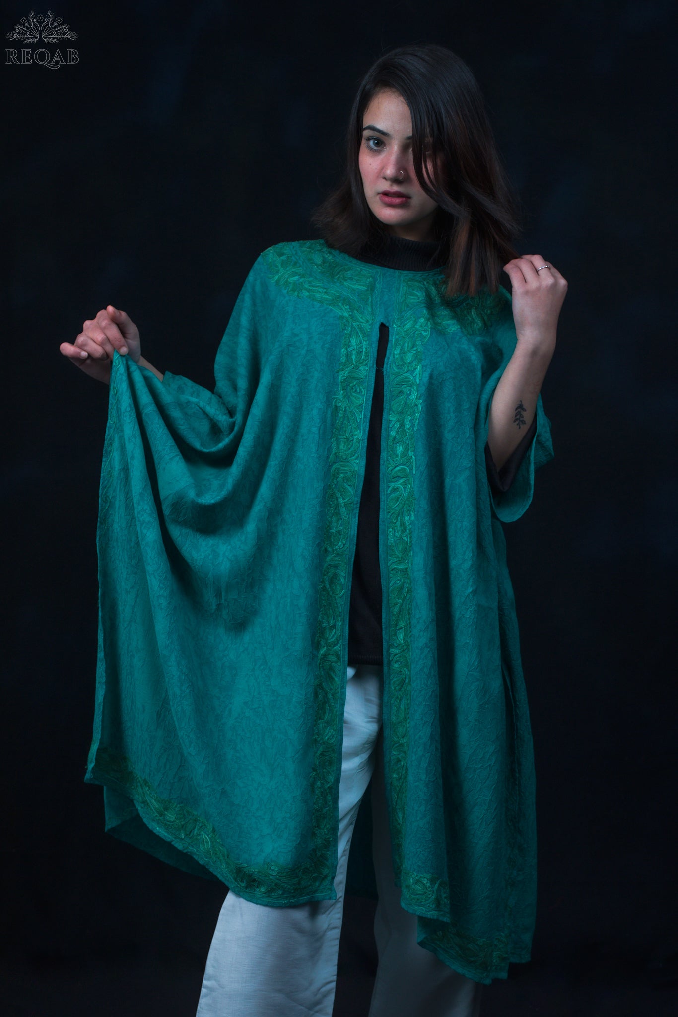 Elf Green Medium Open Kaftan with Aari Embroidery