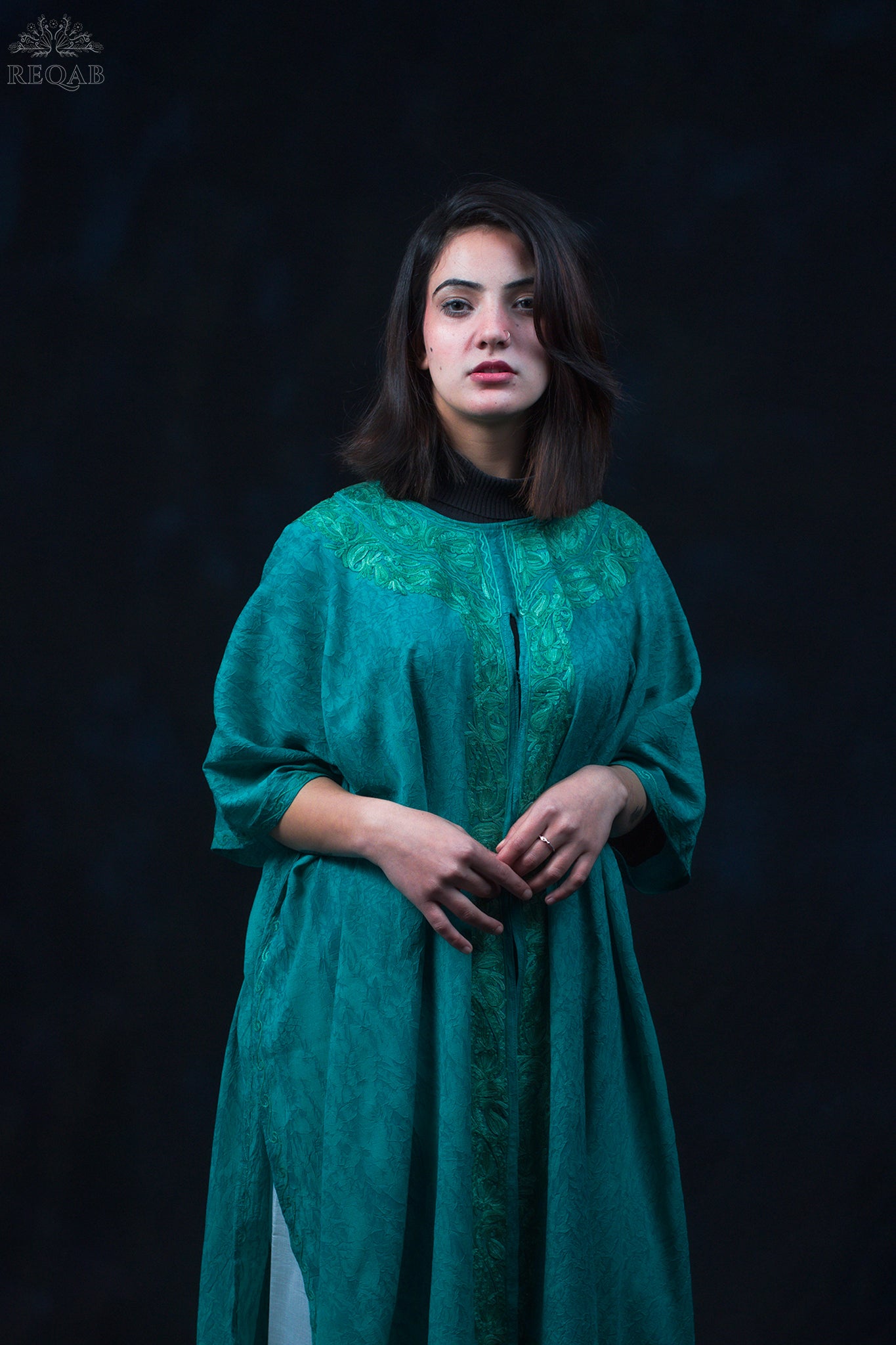 Elf Green Medium Open Kaftan with Aari Embroidery