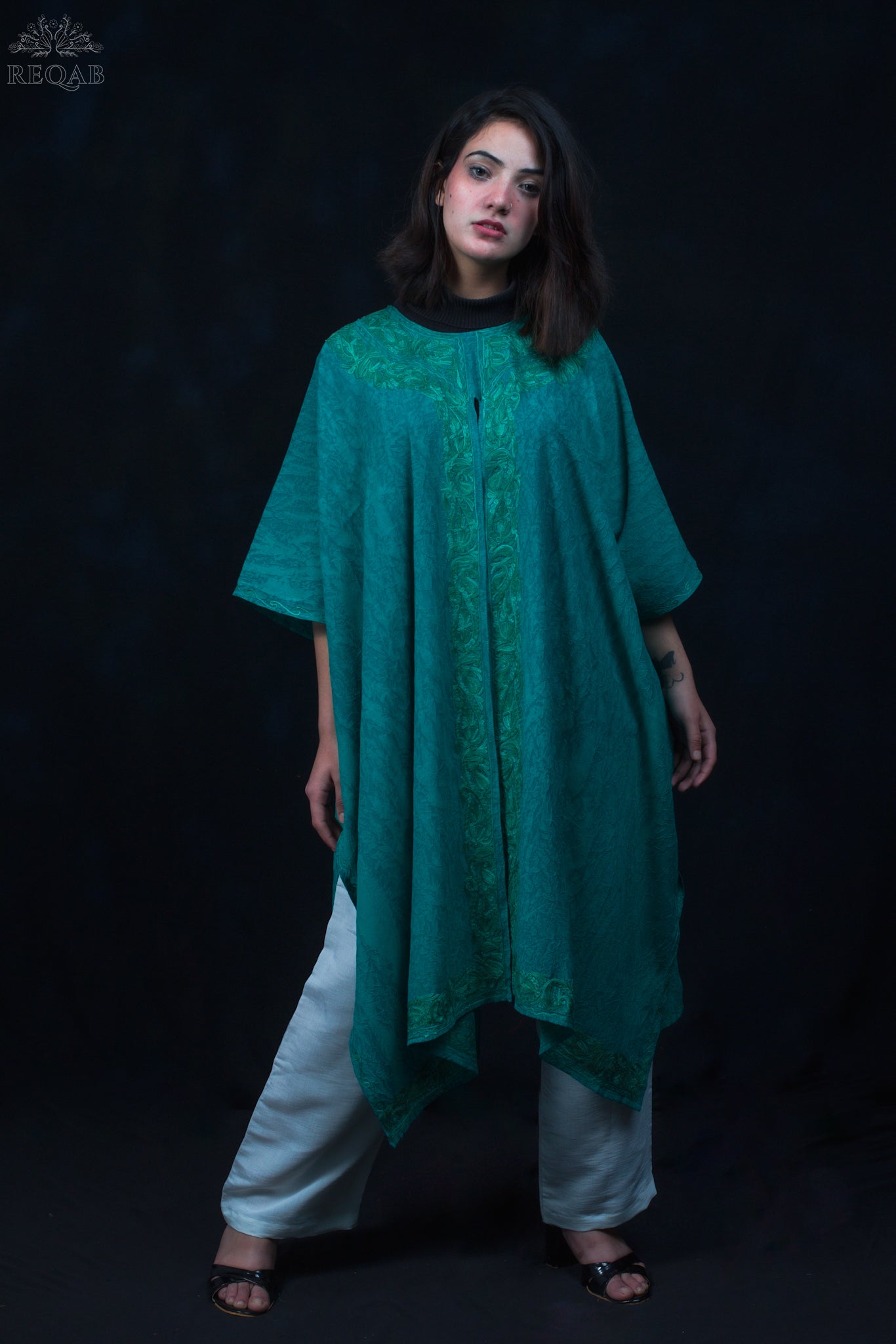Elf Green Medium Open Kaftan with Aari Embroidery