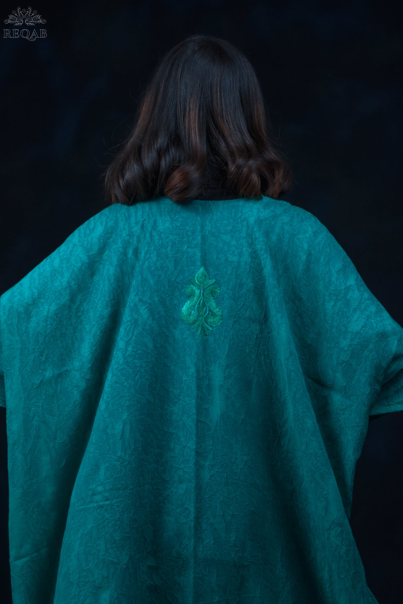 Elf Green Medium Open Kaftan with Aari Embroidery