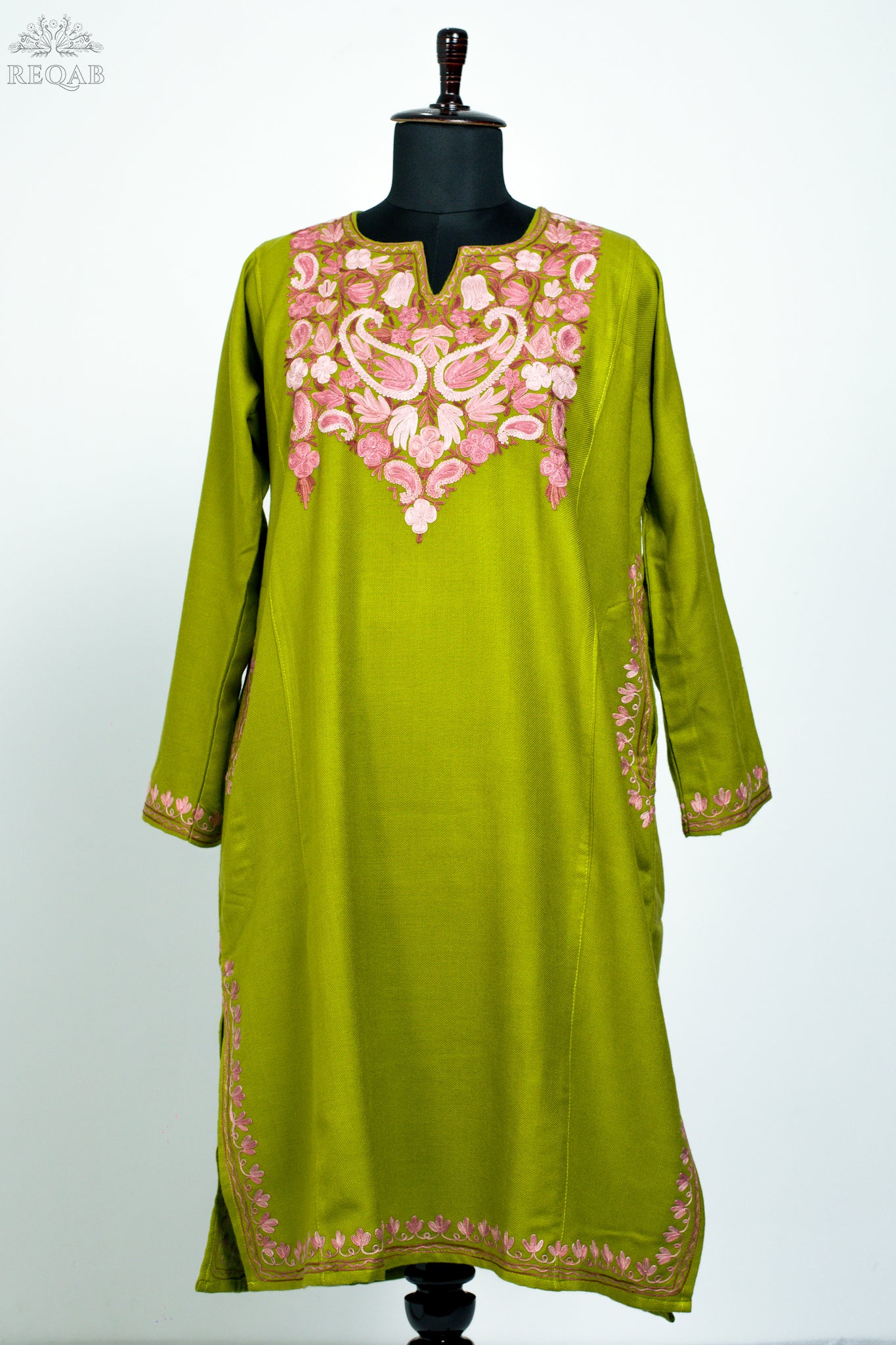 Citron Green Pheran with Almond Shaped Aari Embroidery