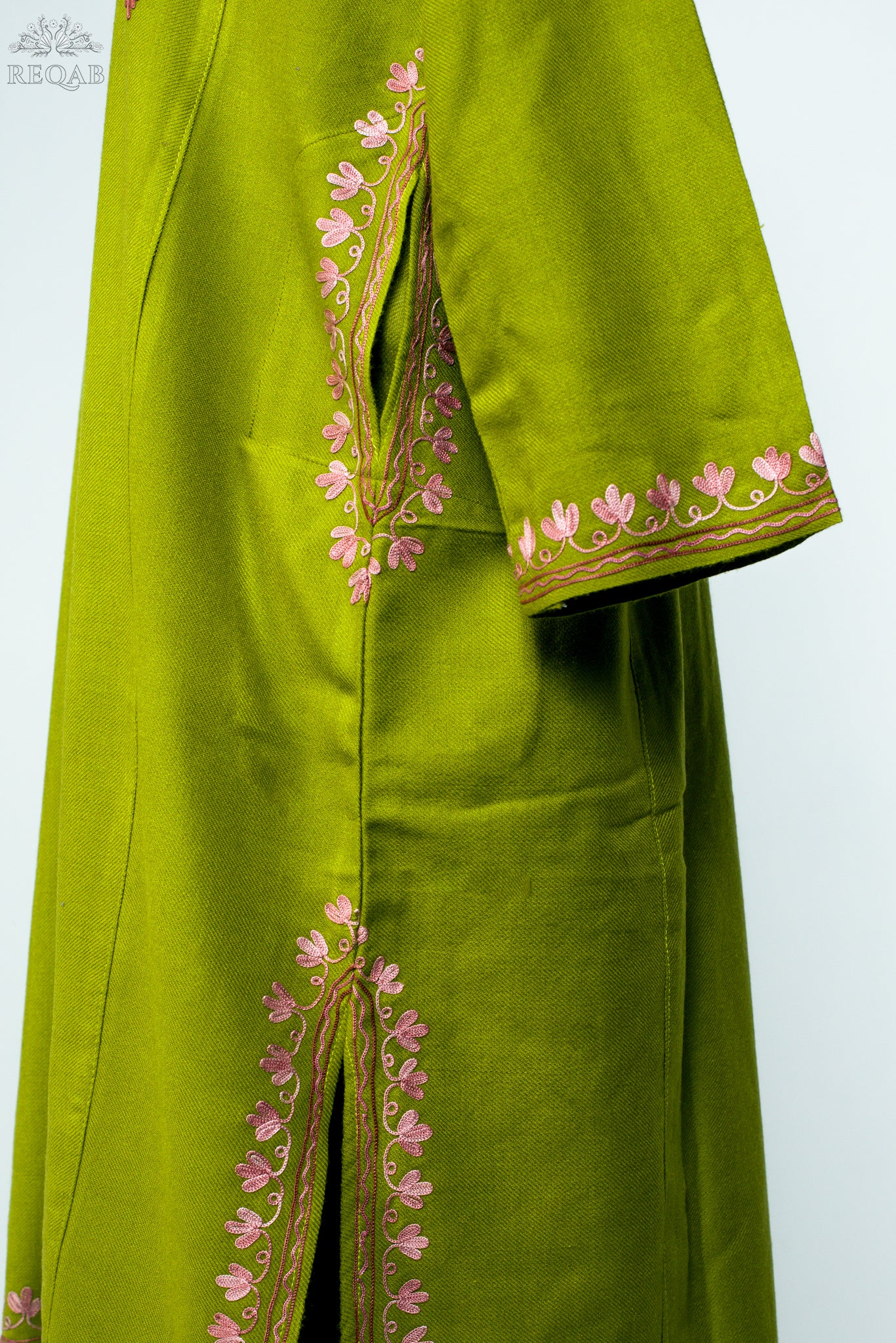 Citron Green Pheran with Almond Shaped Aari Embroidery