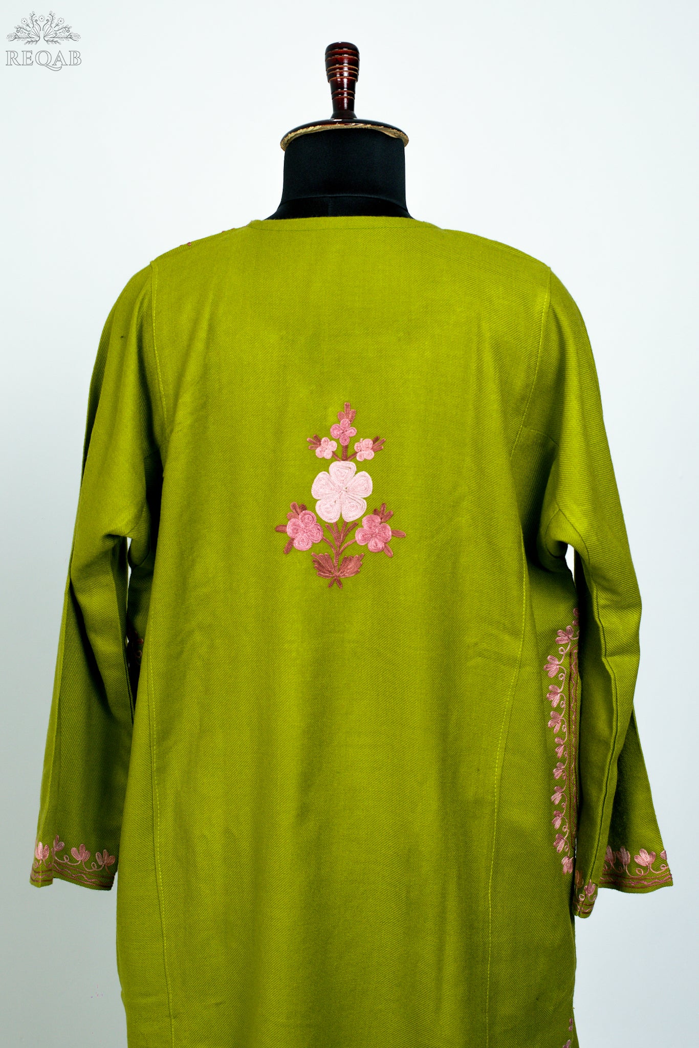 Citron Green Pheran with Almond Shaped Aari Embroidery
