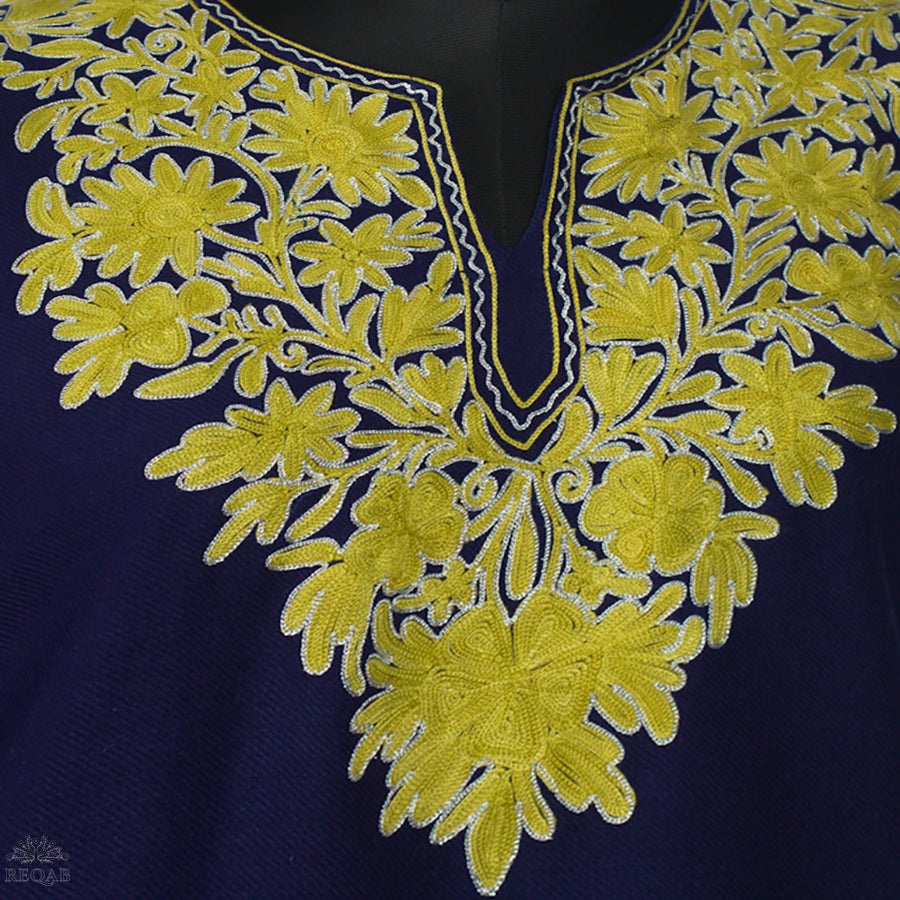 Midnight Express Blue Pheran with Aari Embroidery on Zari Border