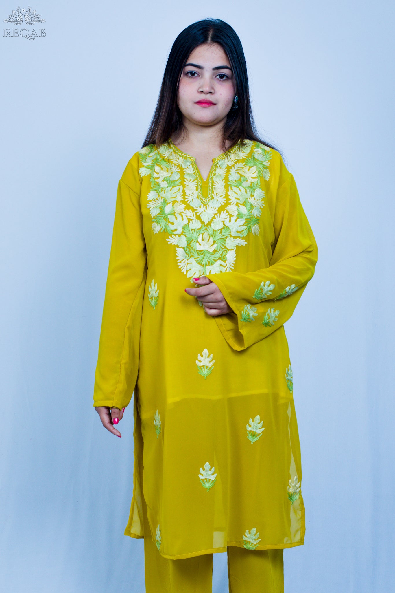 Metallic Gold Three-Piece Suit with Aari Embroidery