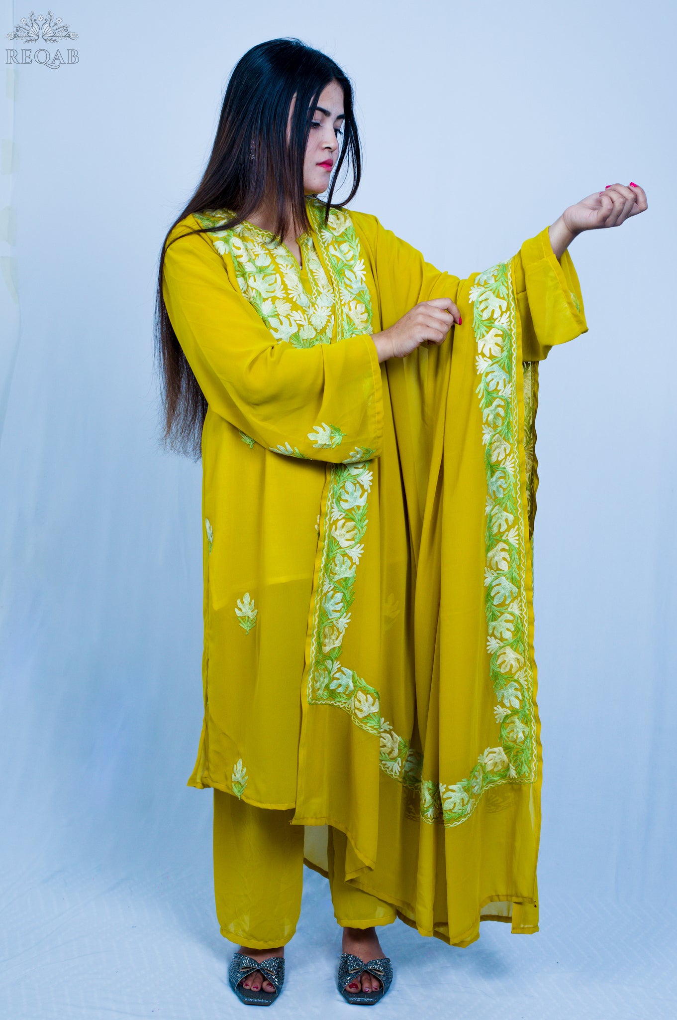 Metallic Gold Three-Piece Suit with Aari Embroidery