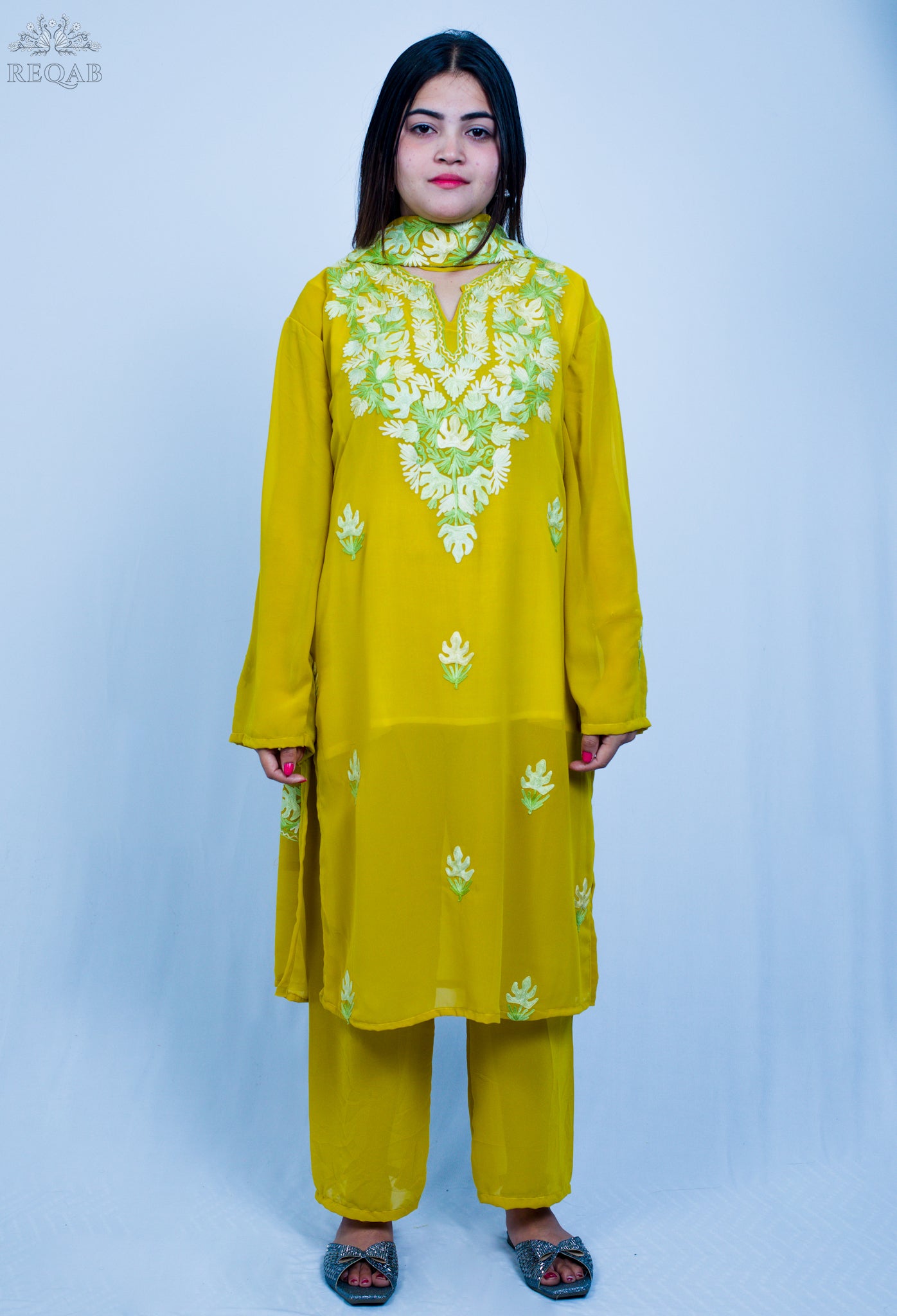 Metallic Gold Three-Piece Suit with Aari Embroidery
