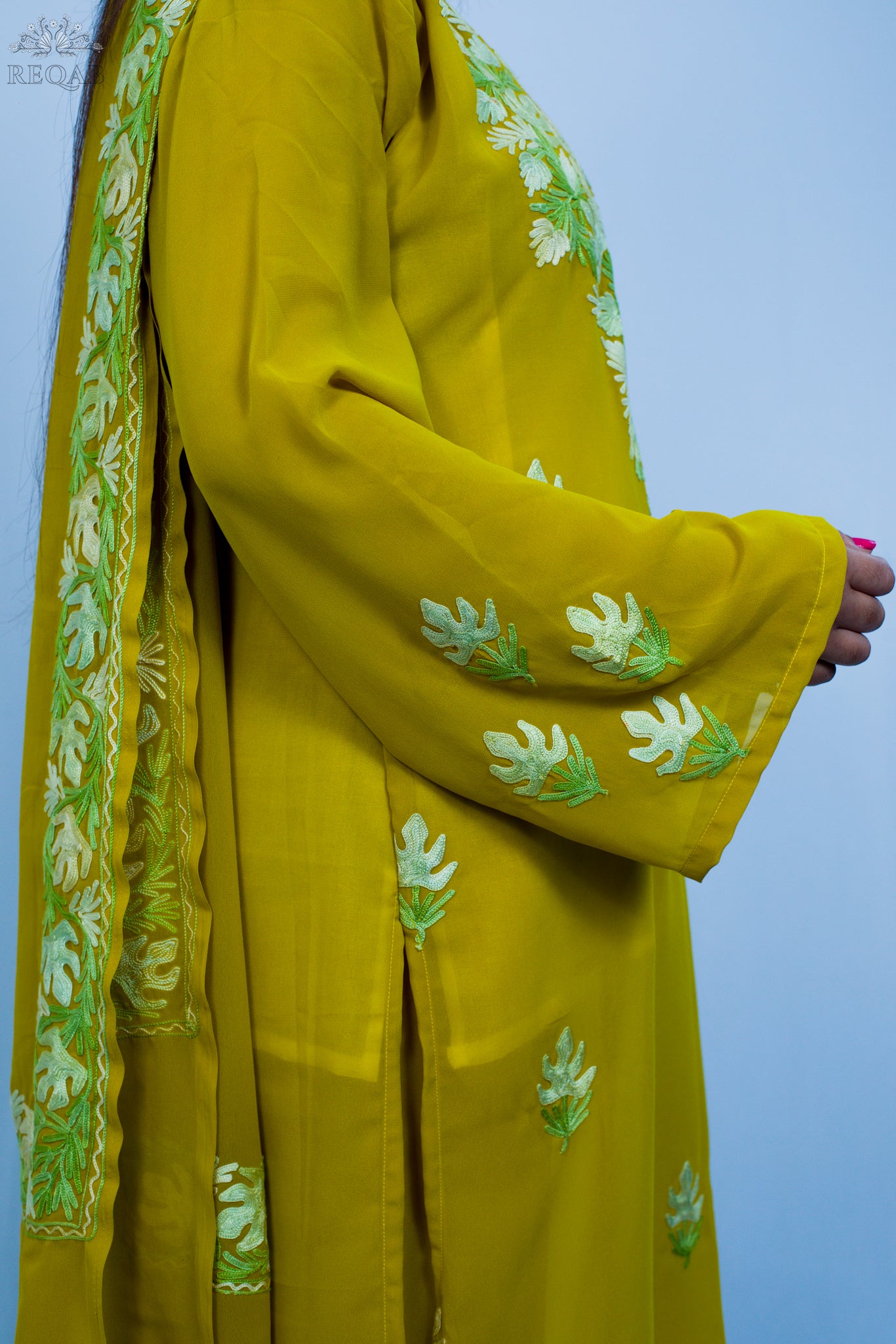 Metallic Gold Three-Piece Suit with Aari Embroidery