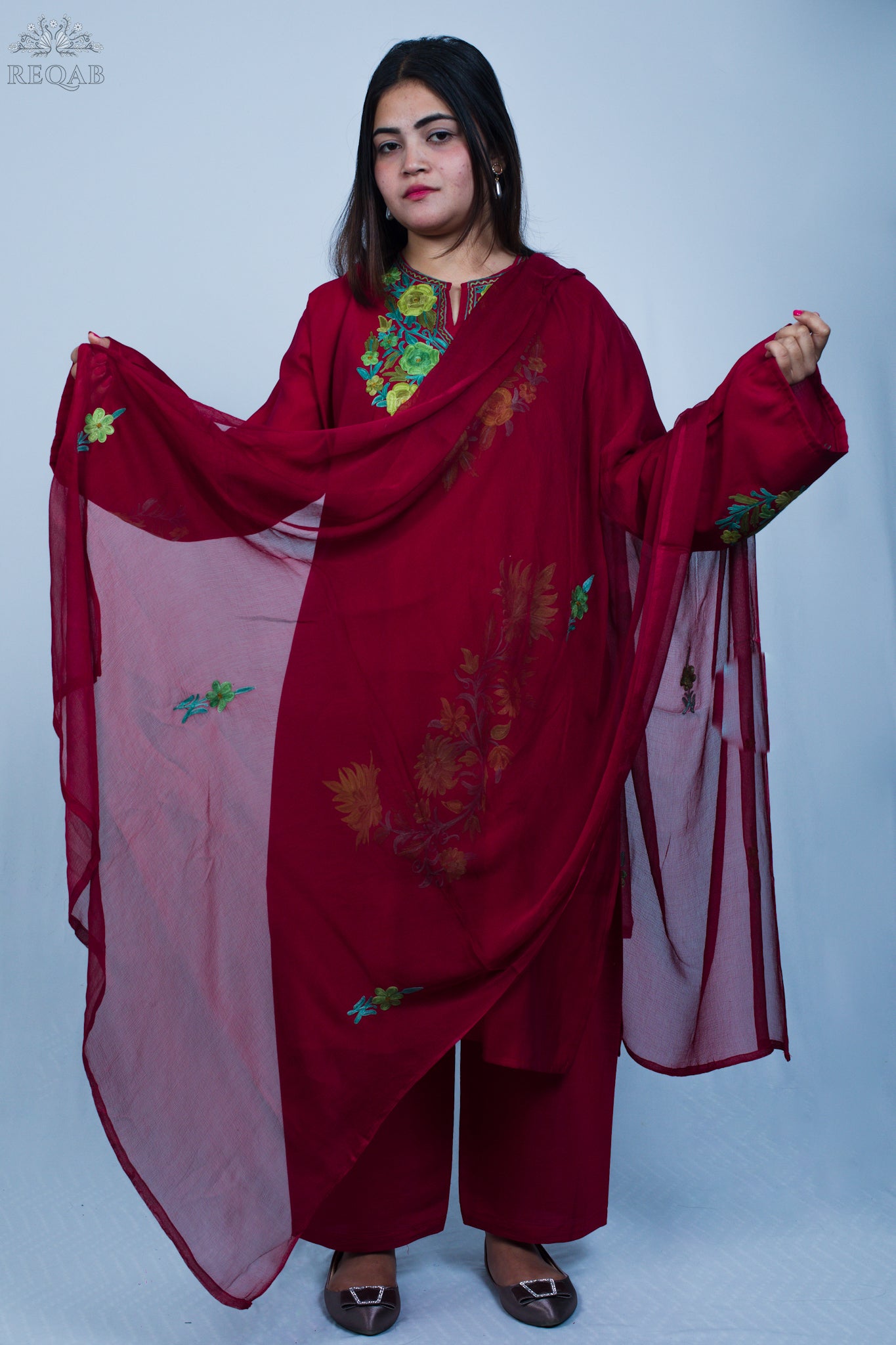 Fire Brick Three-Piece Suit with Aari Embroidery