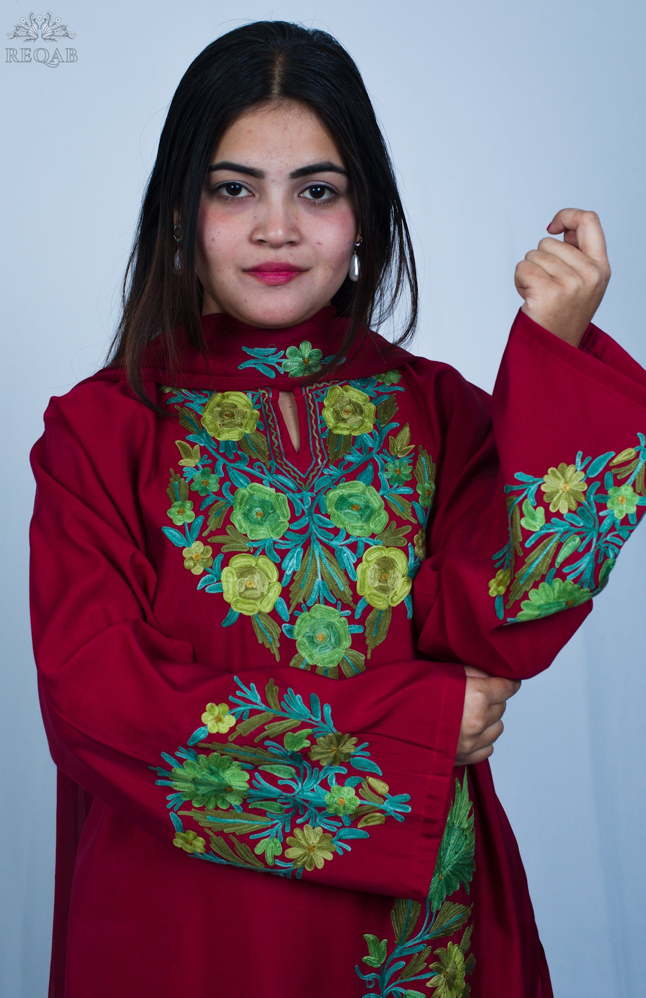 Fire Brick Three-Piece Suit with Aari Embroidery