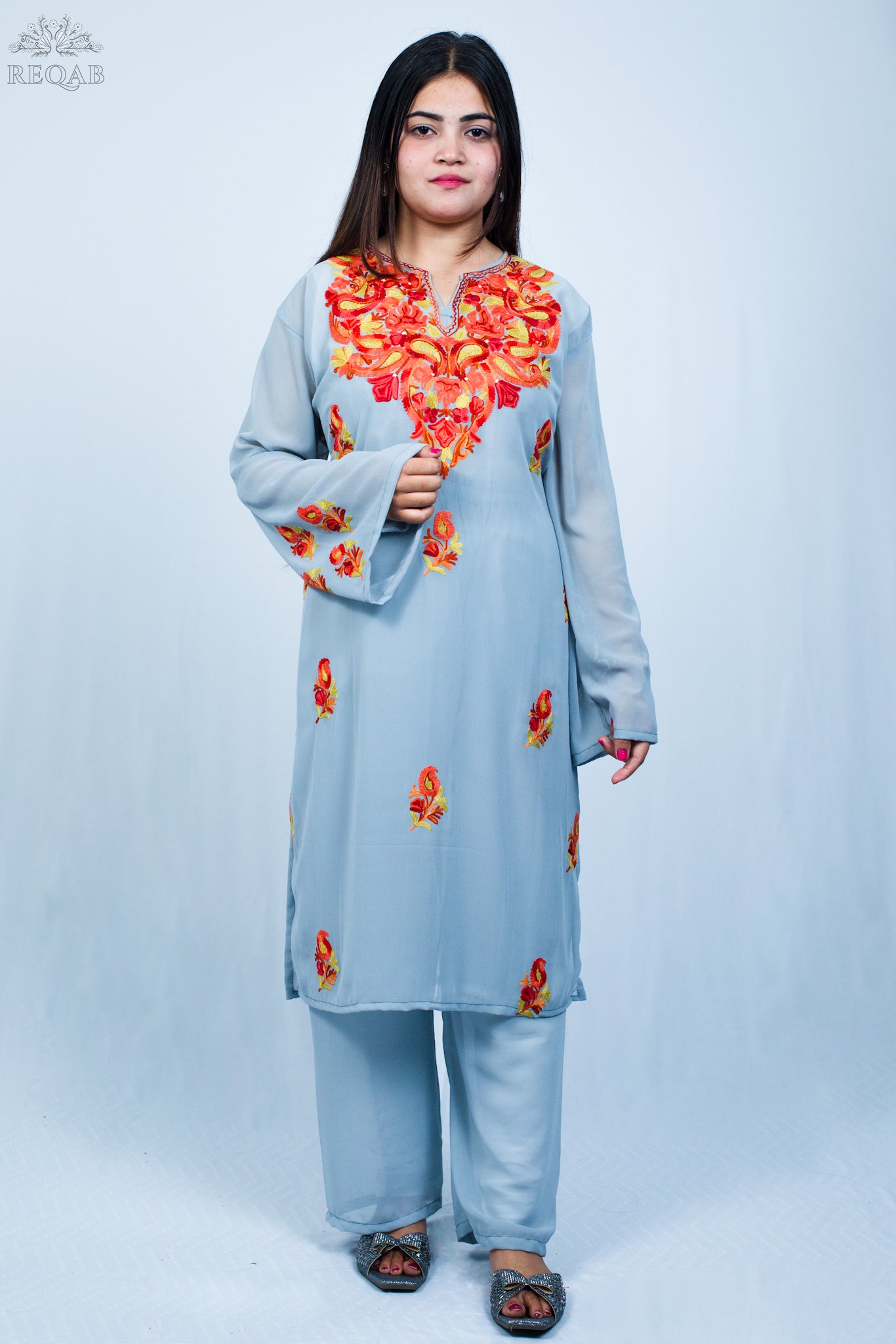 Grey Conch Three-Piece Suit with Aari Embroidery